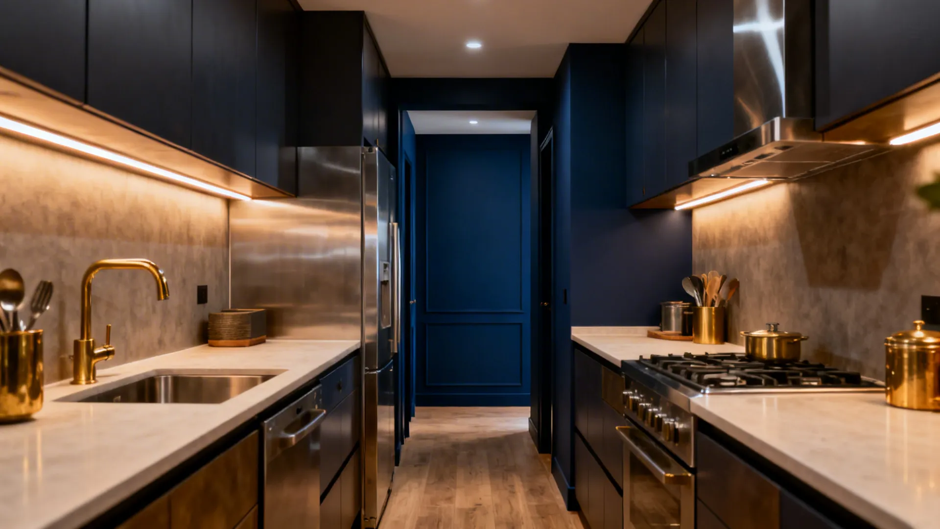 Modern galley kitchen with dark blue cabinets gold faucet stainless steel fridge and wooden floor