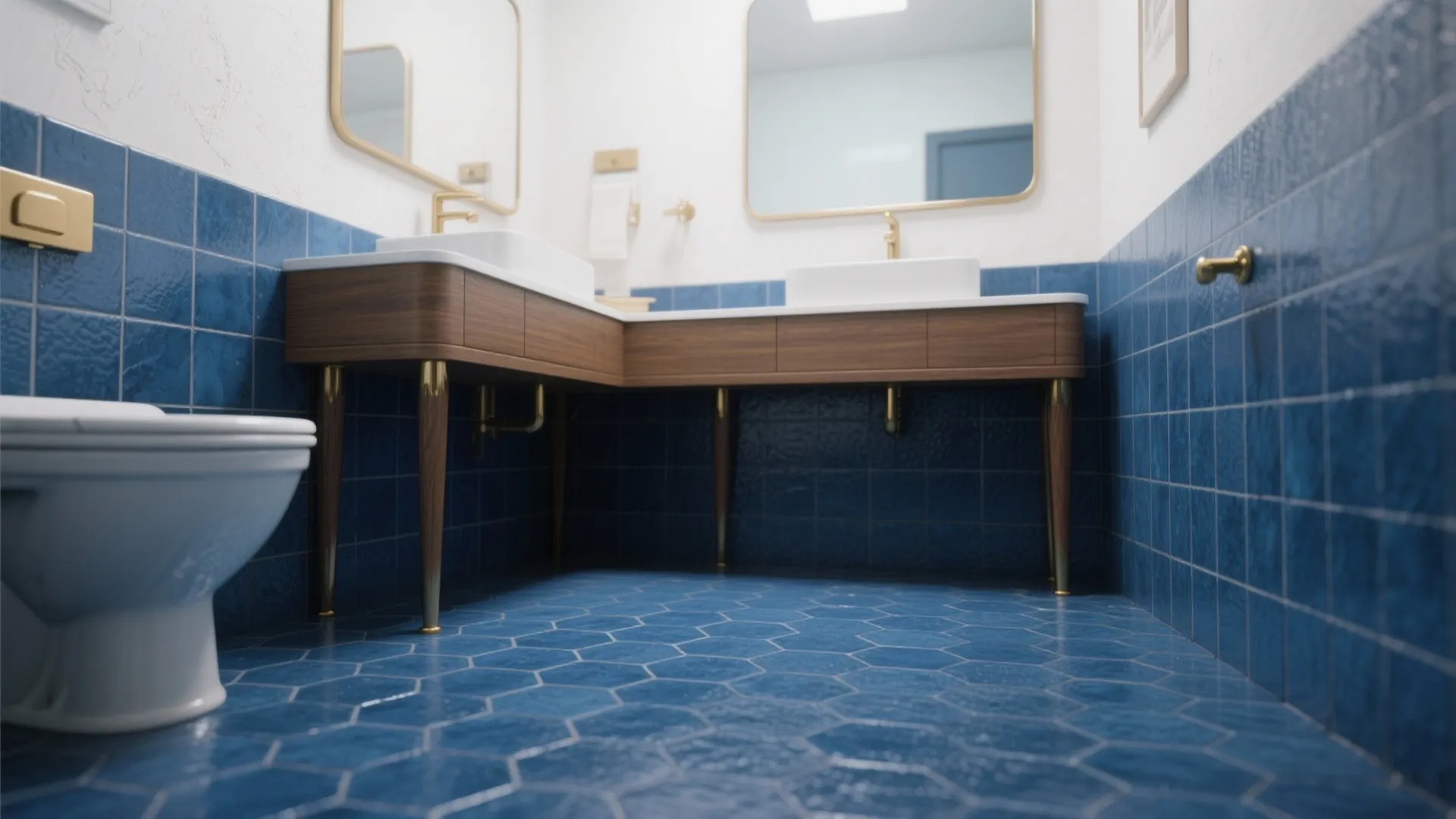 Modern bathroom with blue hexagon floor tiles wood cabinet gold legs white sinks and mirrors