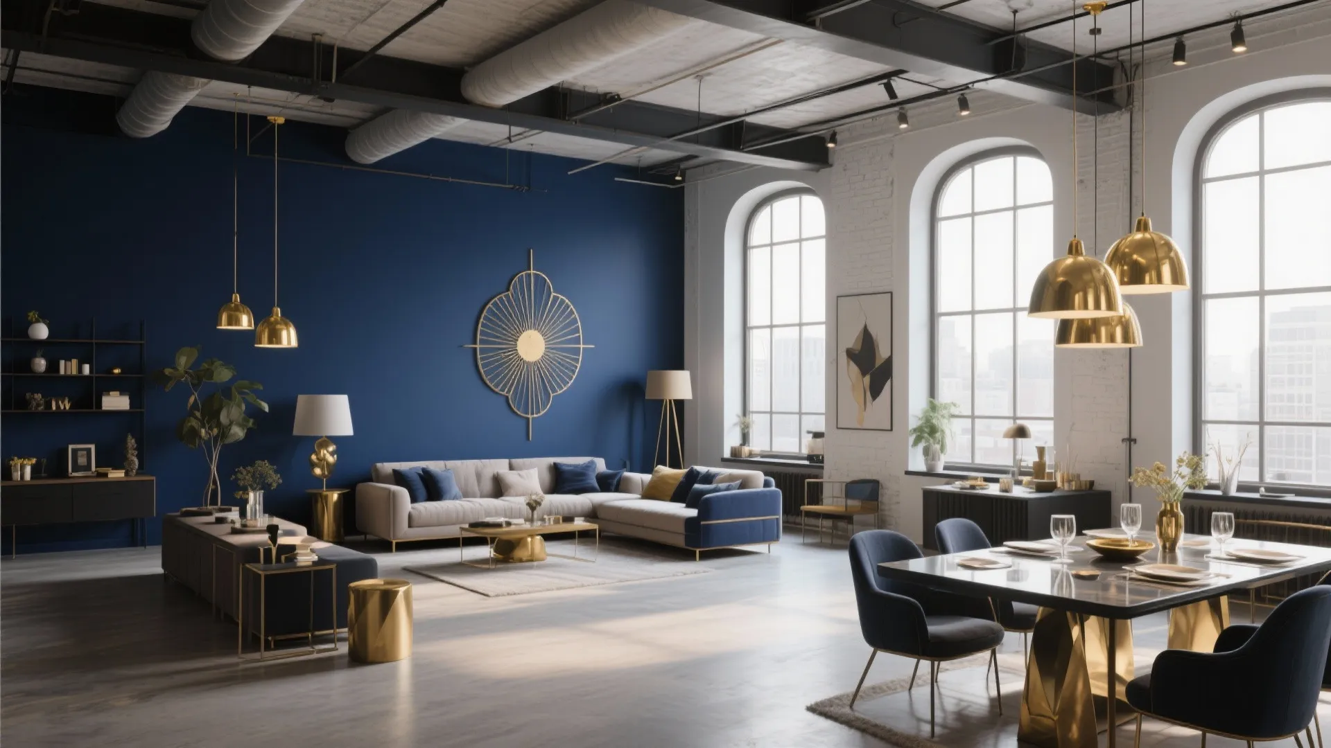 Industrial loft space featuring dark blue wall gold ceiling lights grey sofa and dining table