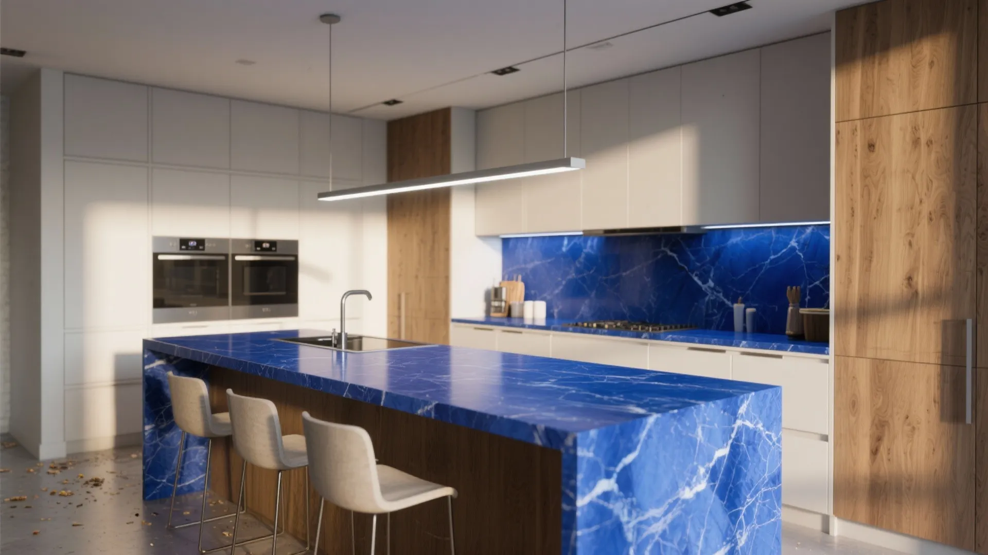 Modern kitchen with blue marble island and back wall plus white cabinets and wood panels