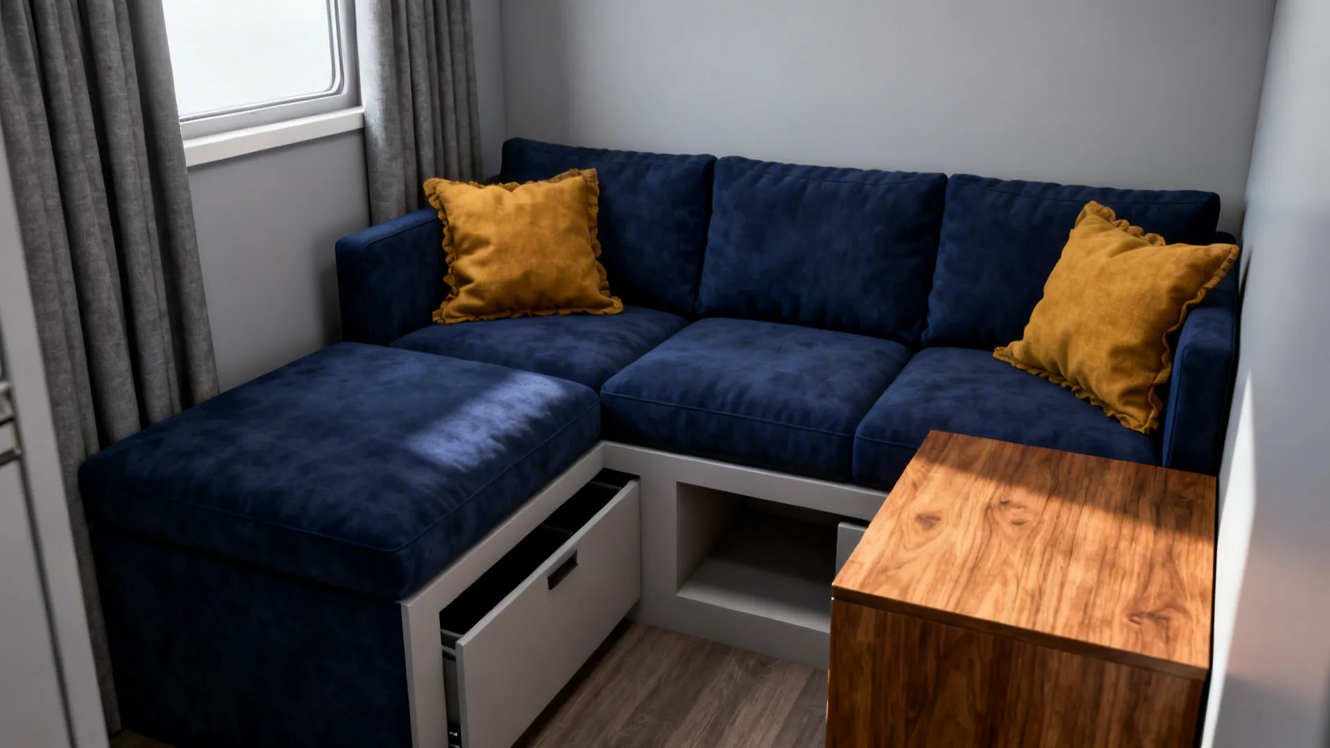 Compact living area showing a deep blue sofa with mustard pillows and light grey walls.