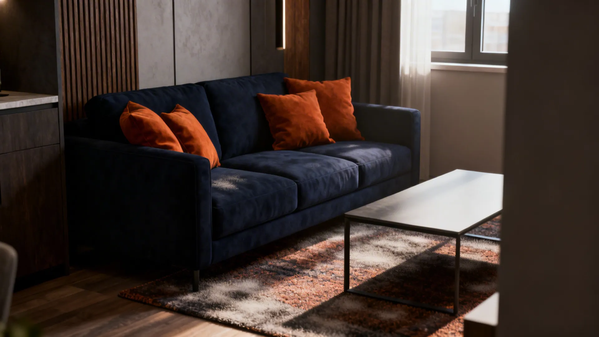 Compact seating area with a deep navy sofa and burnt orange cushion.