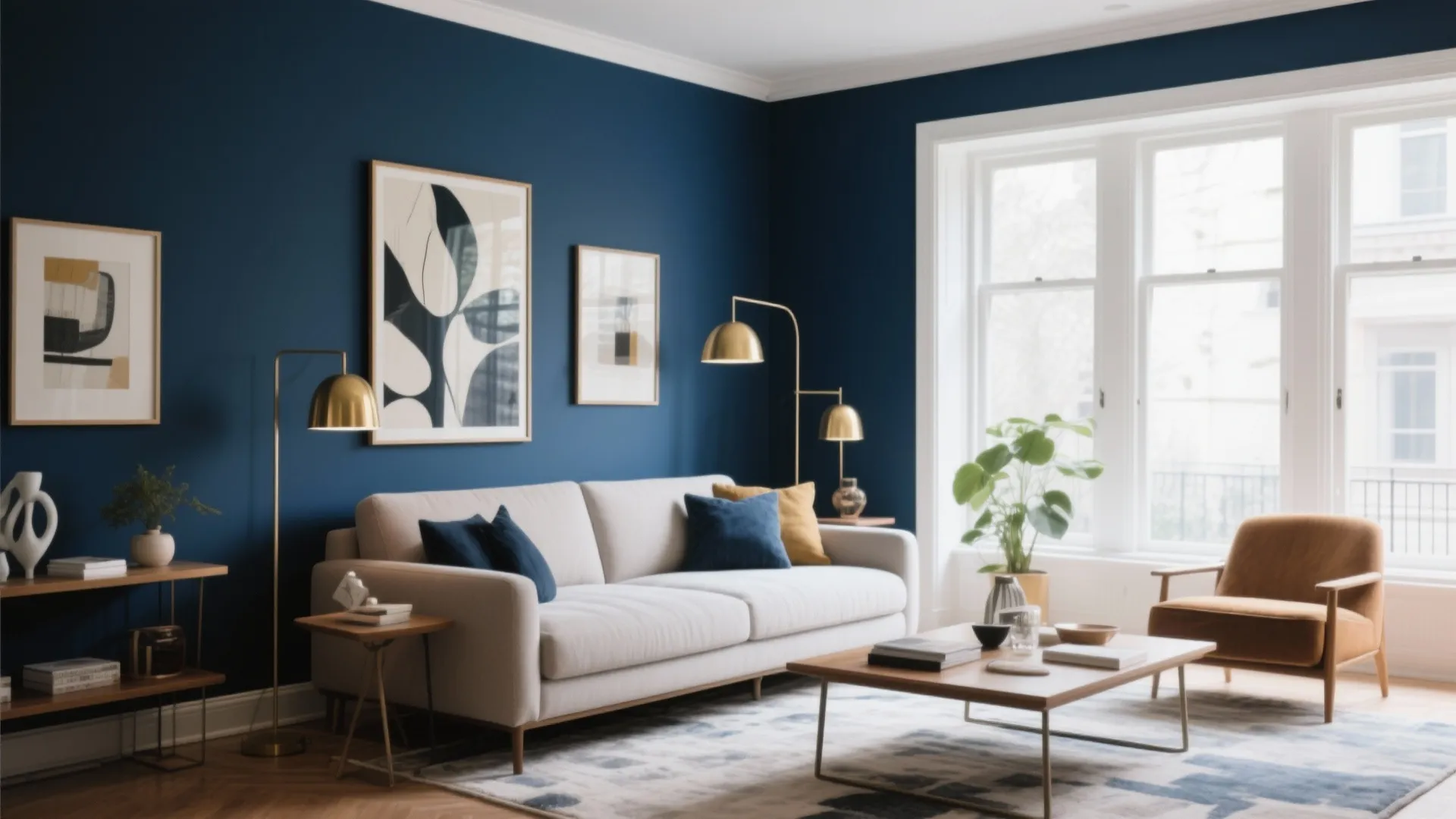 Modern living room with dark blue walls cream sofa wooden coffee table and gold lamps