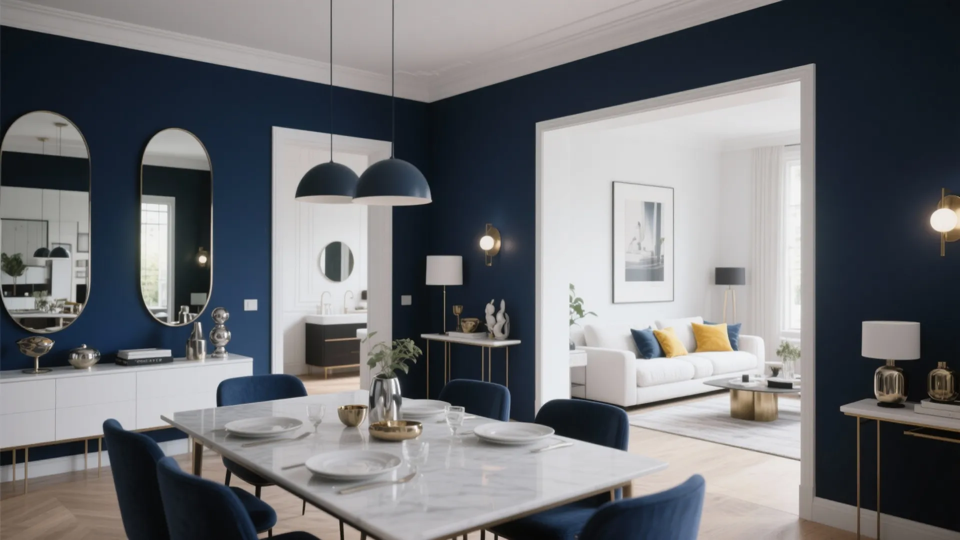 Navy dining area next to crisp white living zone with accents