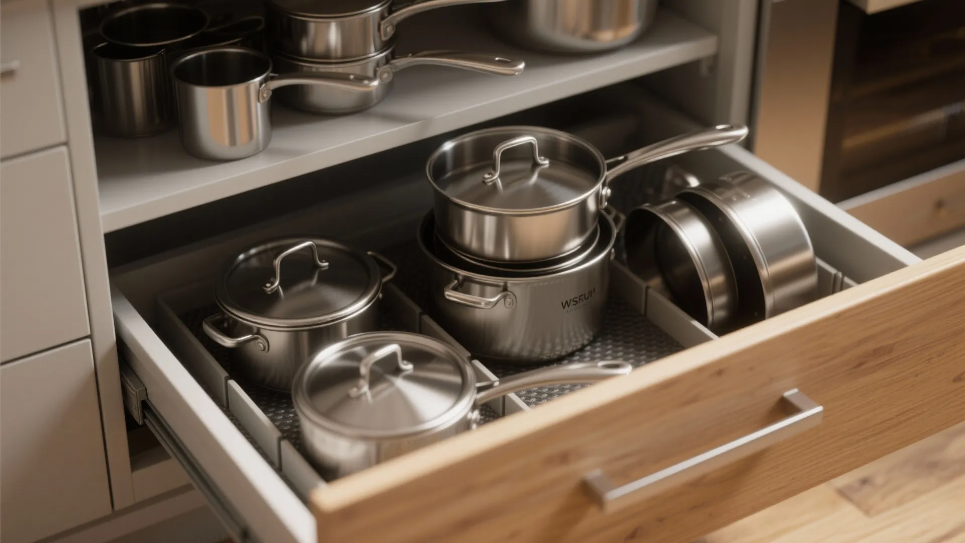 Wooden kitchen drawer pulled open to reveal neatly organized metal pots with lids and dividers
