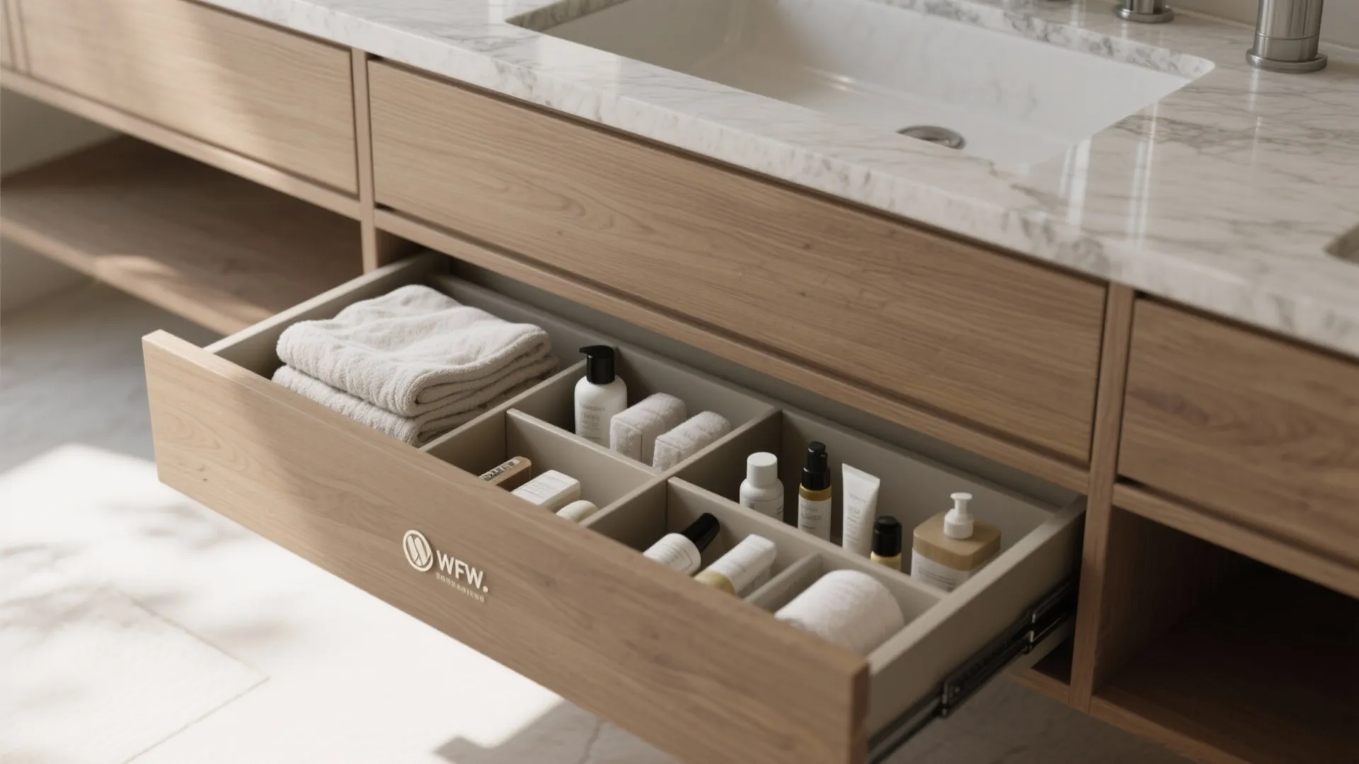 Open wooden bathroom drawer with organizers holding towels and skincare bottles under a marble sink