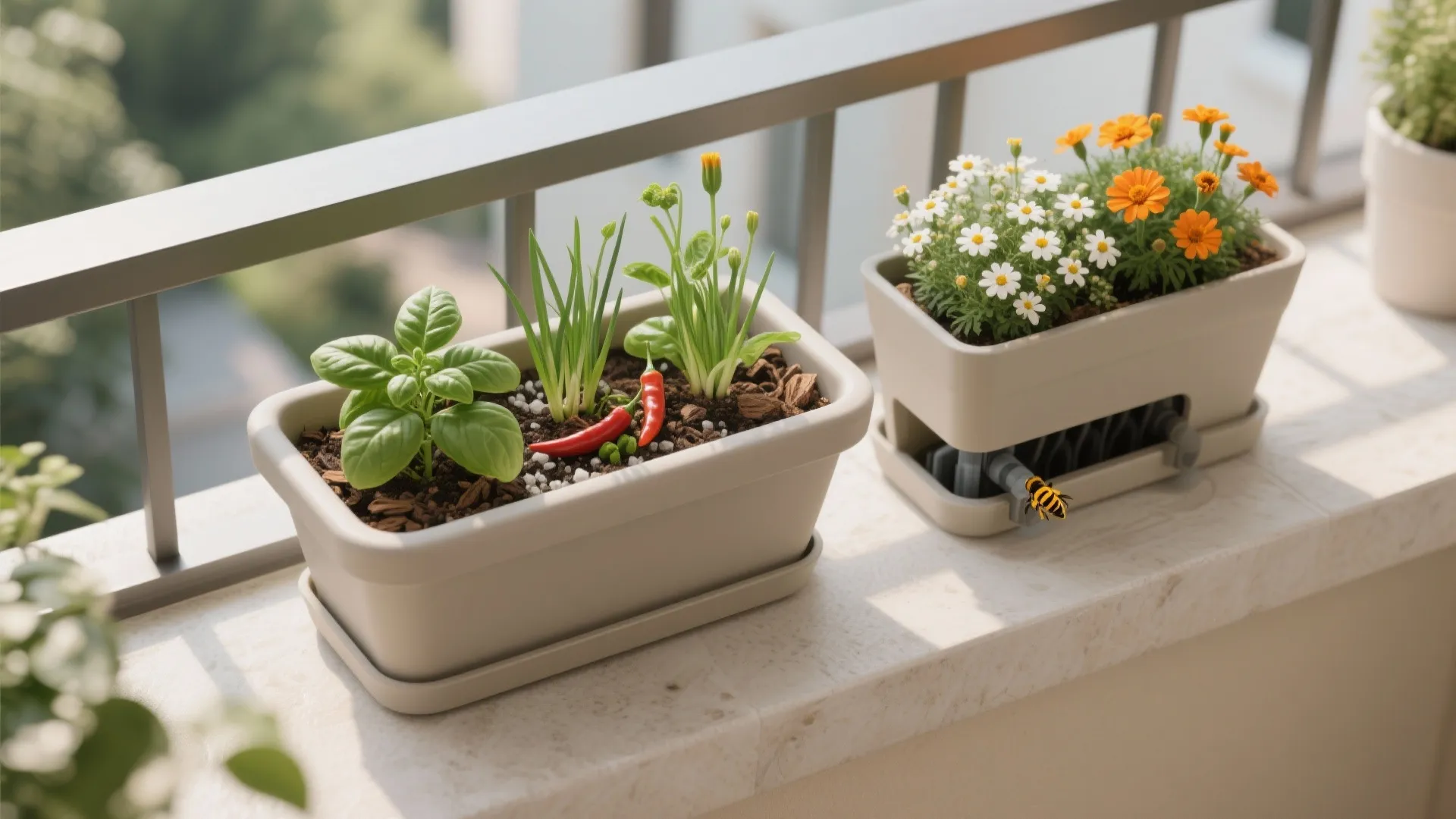 Top-down view of deep edible planter and slim pollinator box with wicking insert in a compact balcony layout.
