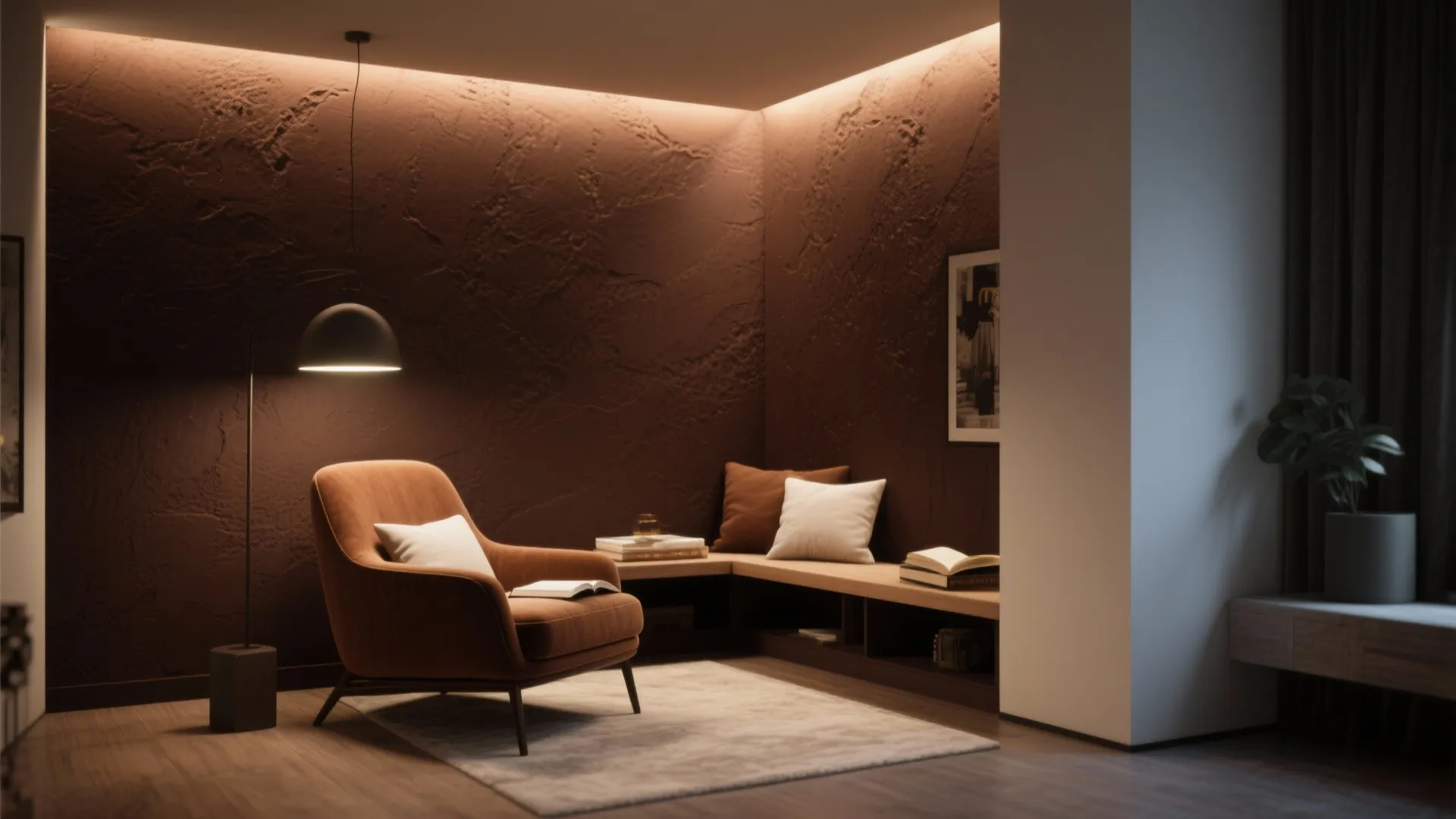 Reading corner with brown textured wall orange armchair floor lamp wooden bench and soft lighting