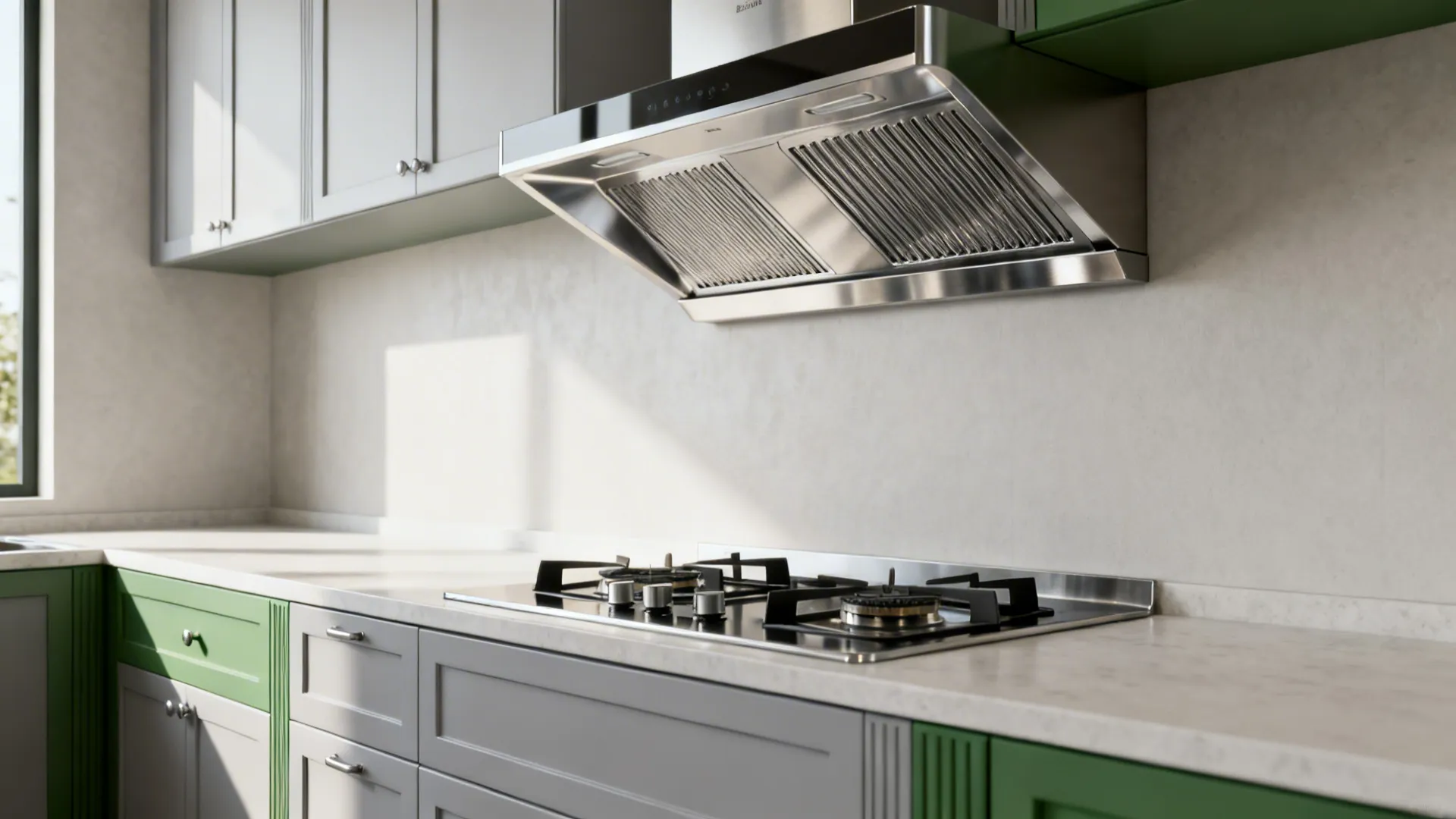 Deep canopy range hood correctly sized over a compact cooktop in a small kitchen.