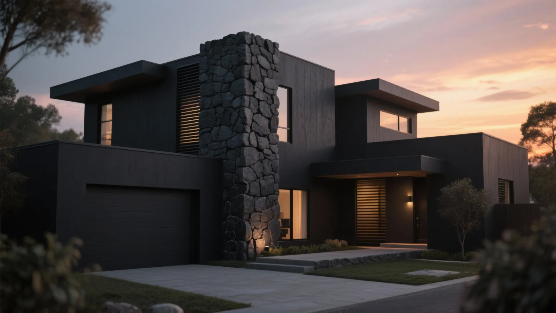 Modern black house with large stone wall feature and garage under a beautiful sunset sky