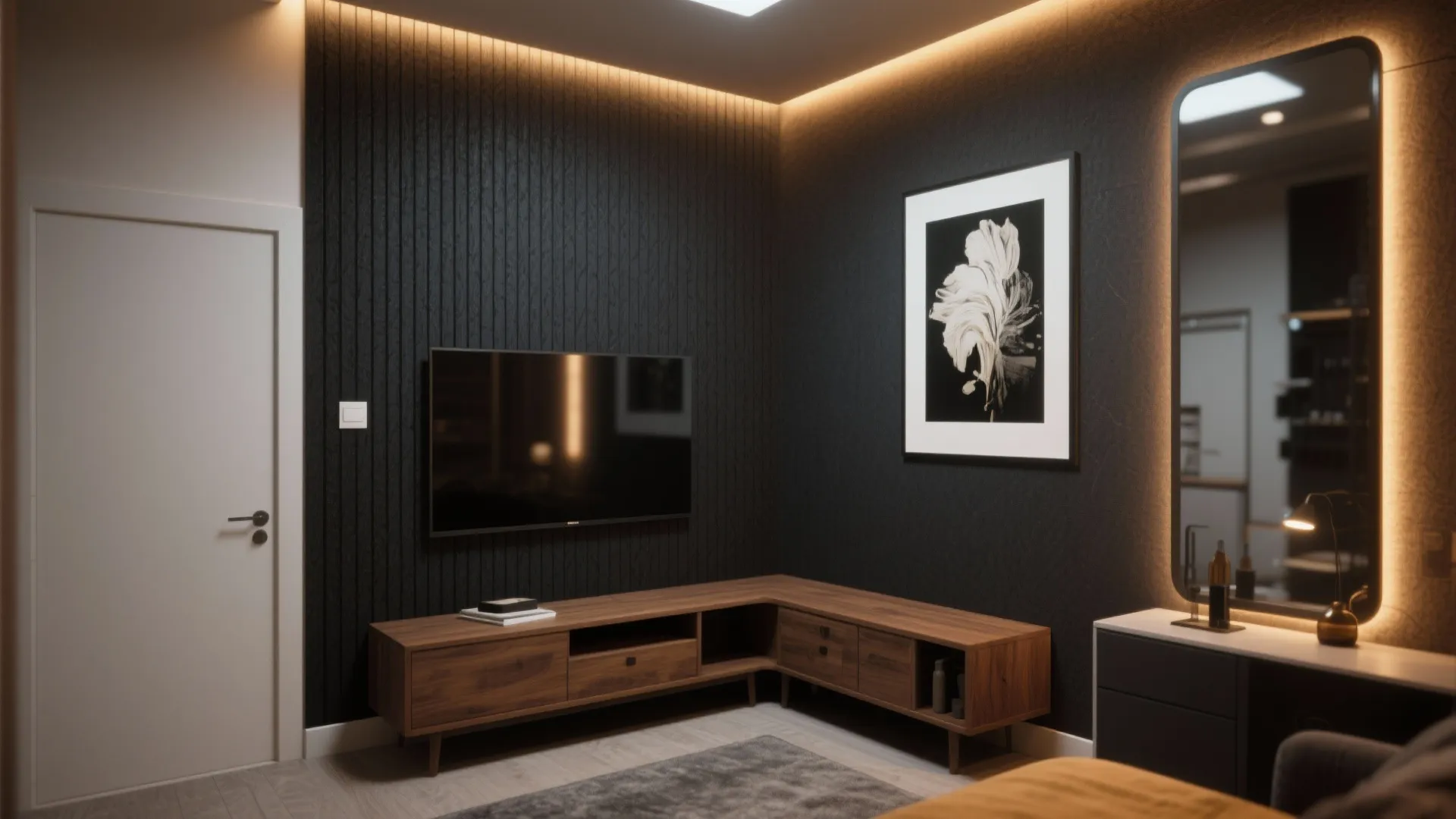 Modern dark living room with black wall panel tv unit wood cabinet and large mirror