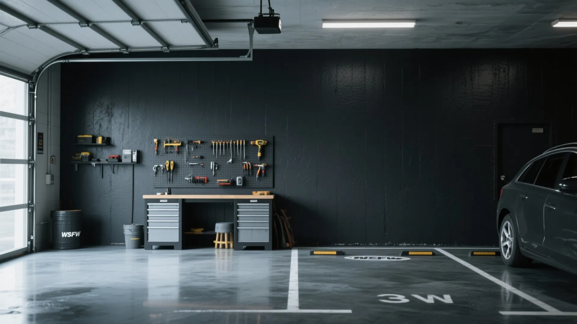 Modern dark grey garage with black wall tool storage workbench parked car and bright lighting