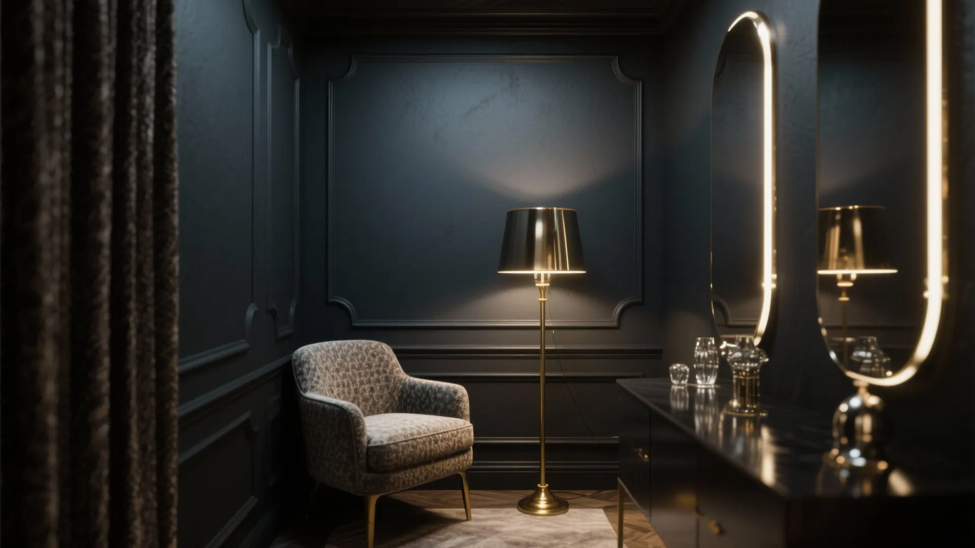 Dark room featuring grey armchair, gold floor lamp, wall panel, and illuminated oval wall mirrors.