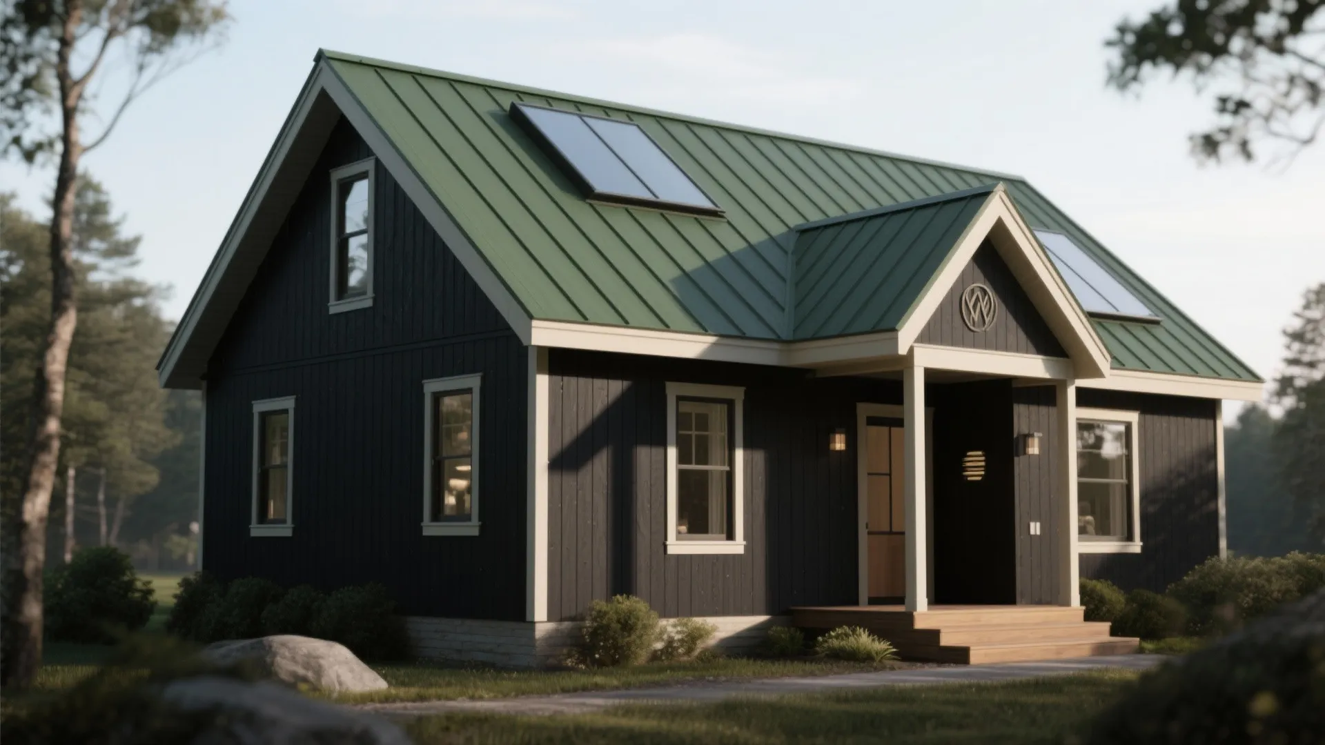 Dark charcoal house with green metal roof and roof windows plus wooden front porch steps
