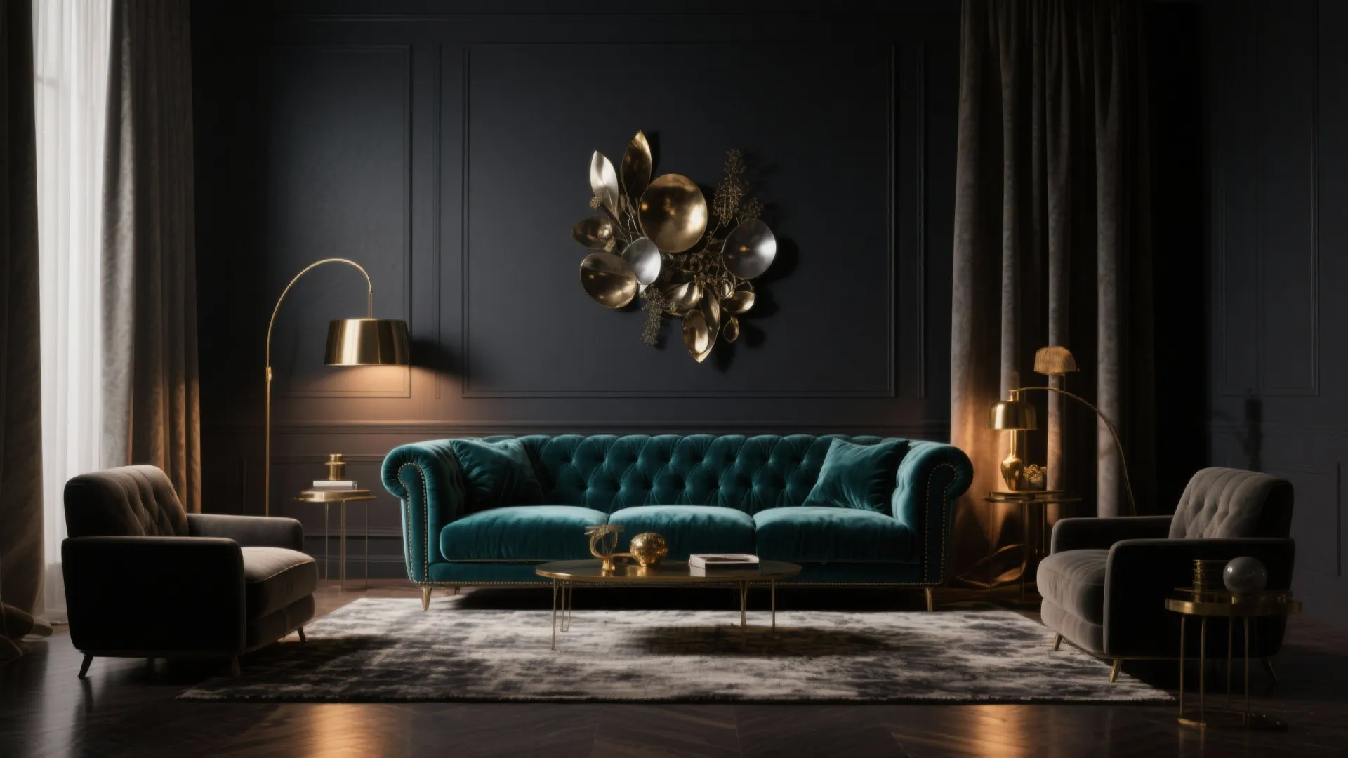 Living room with a deep charcoal accent wall, velvet seating and layered warm lighting for a cinematic effect.
