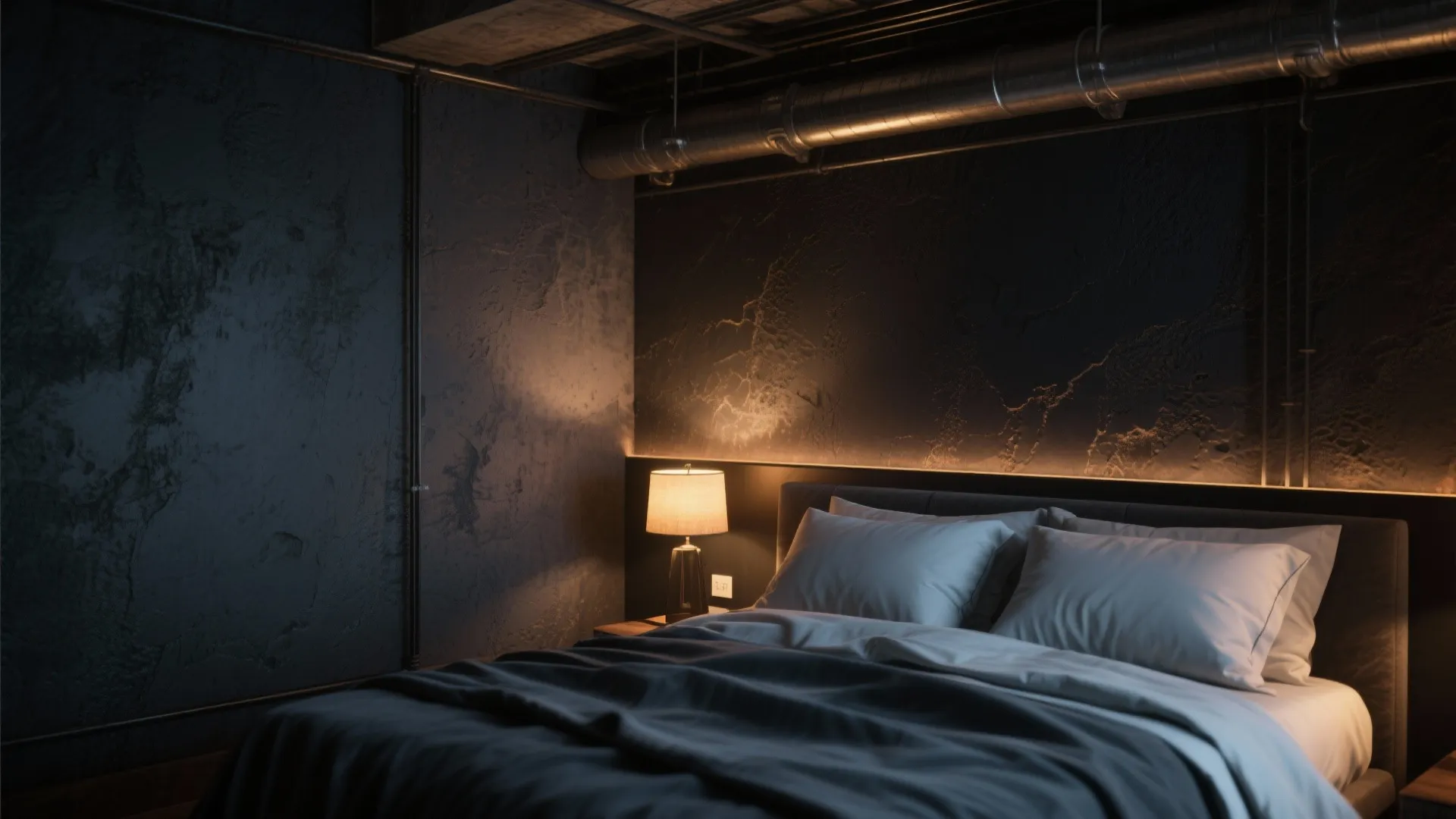 Loft bedroom with a deep charcoal accent wall and warm, intimate lighting