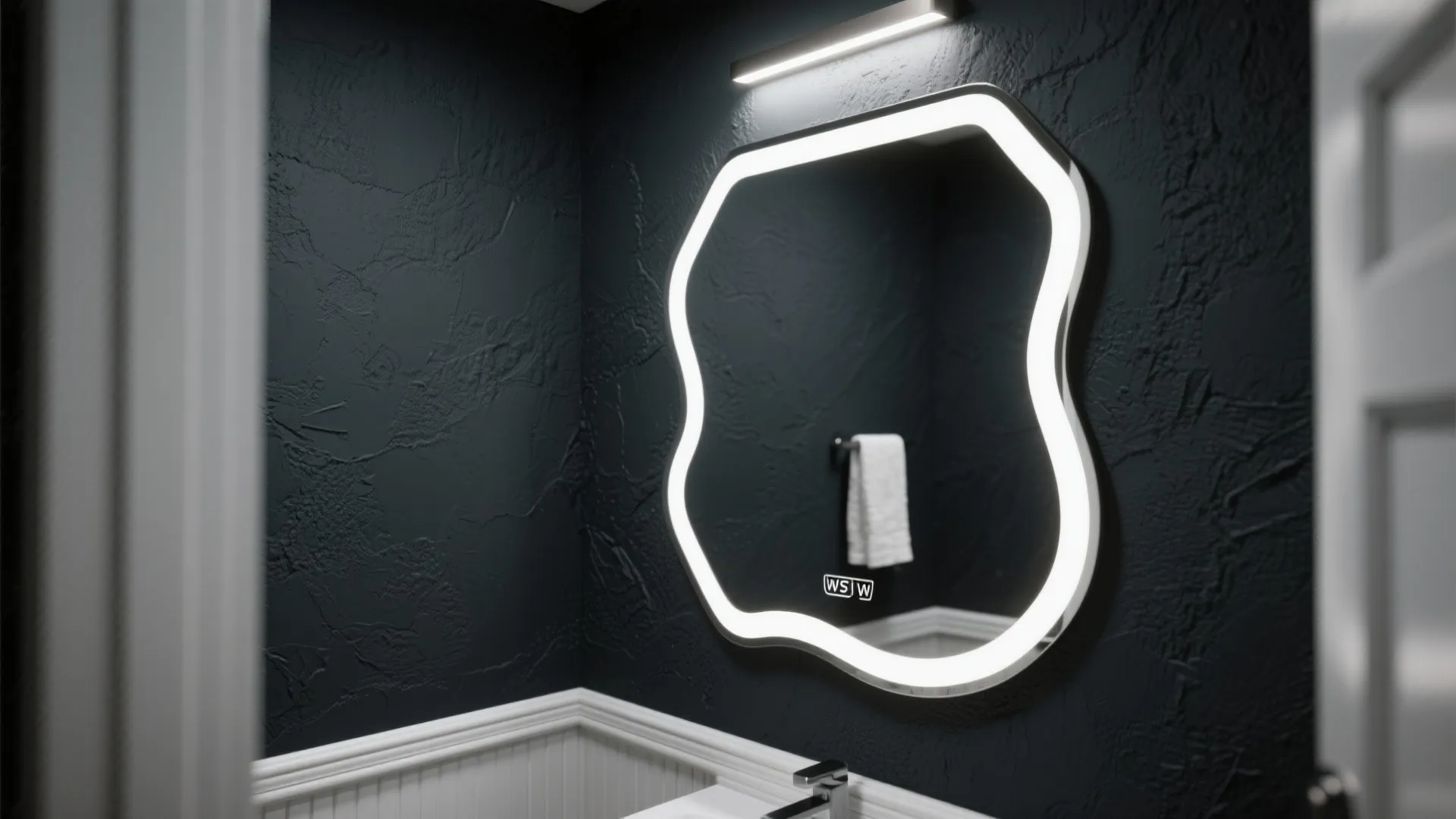 Dark charcoal bathroom with white wall panel wavy light mirror and modern silver sink faucet