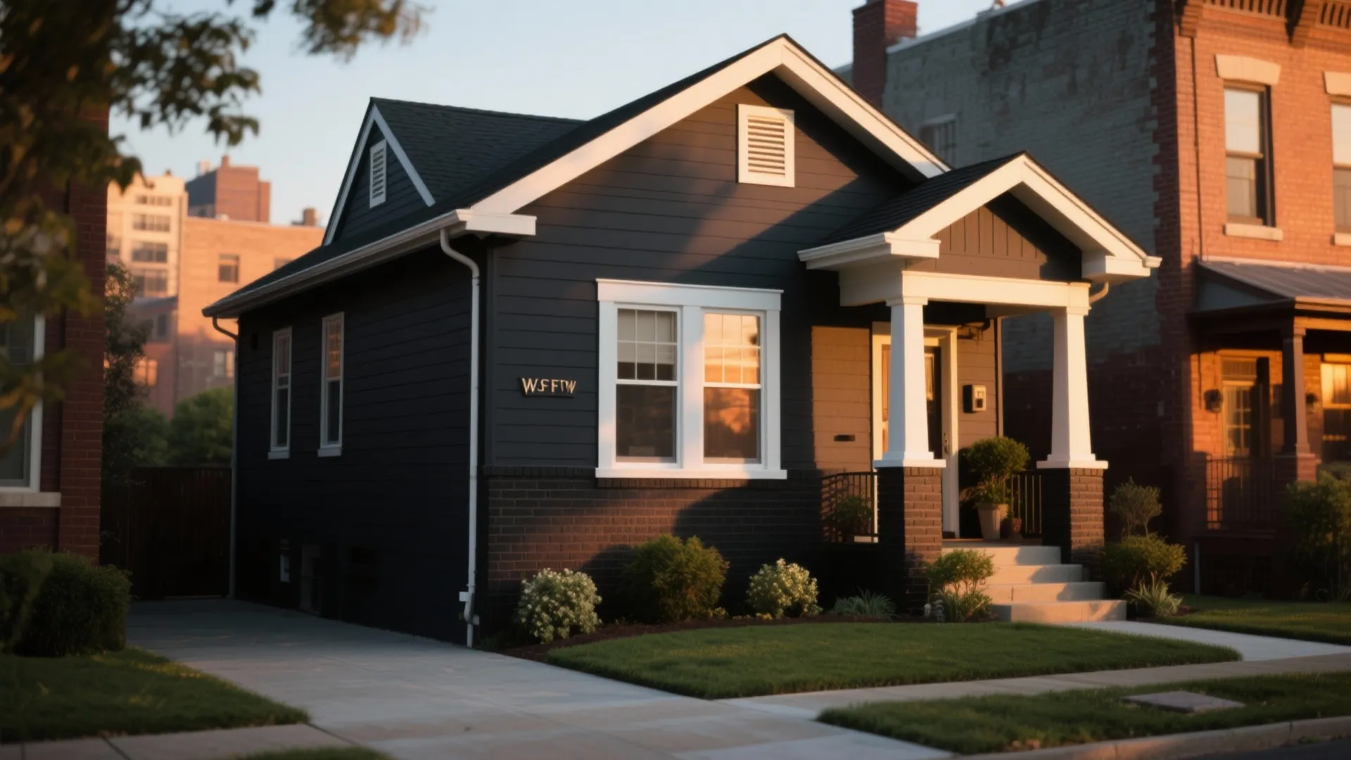 Dark grey house with white window frames small front porch green lawn and suburban neighborhood view