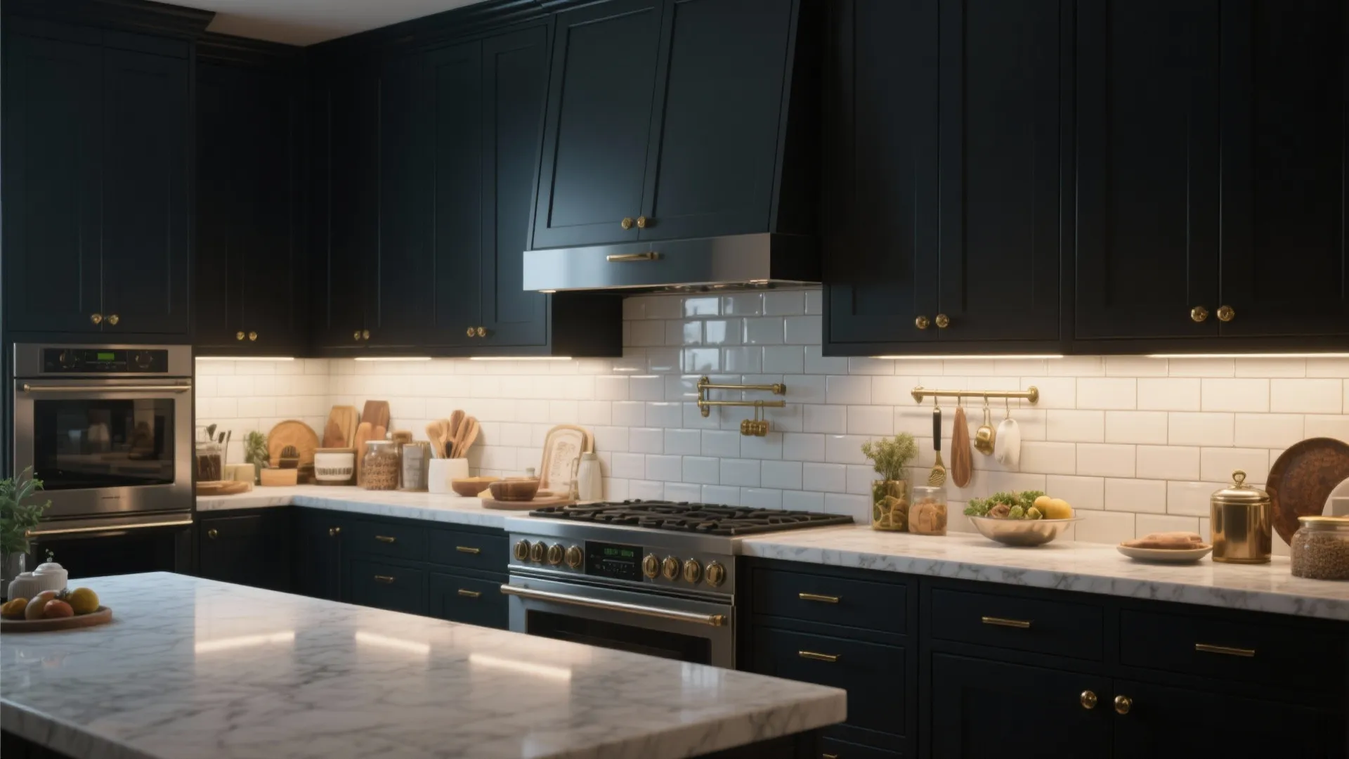 Kitchen with deep charcoal cabinets paired with light countertops and reflective backsplash.