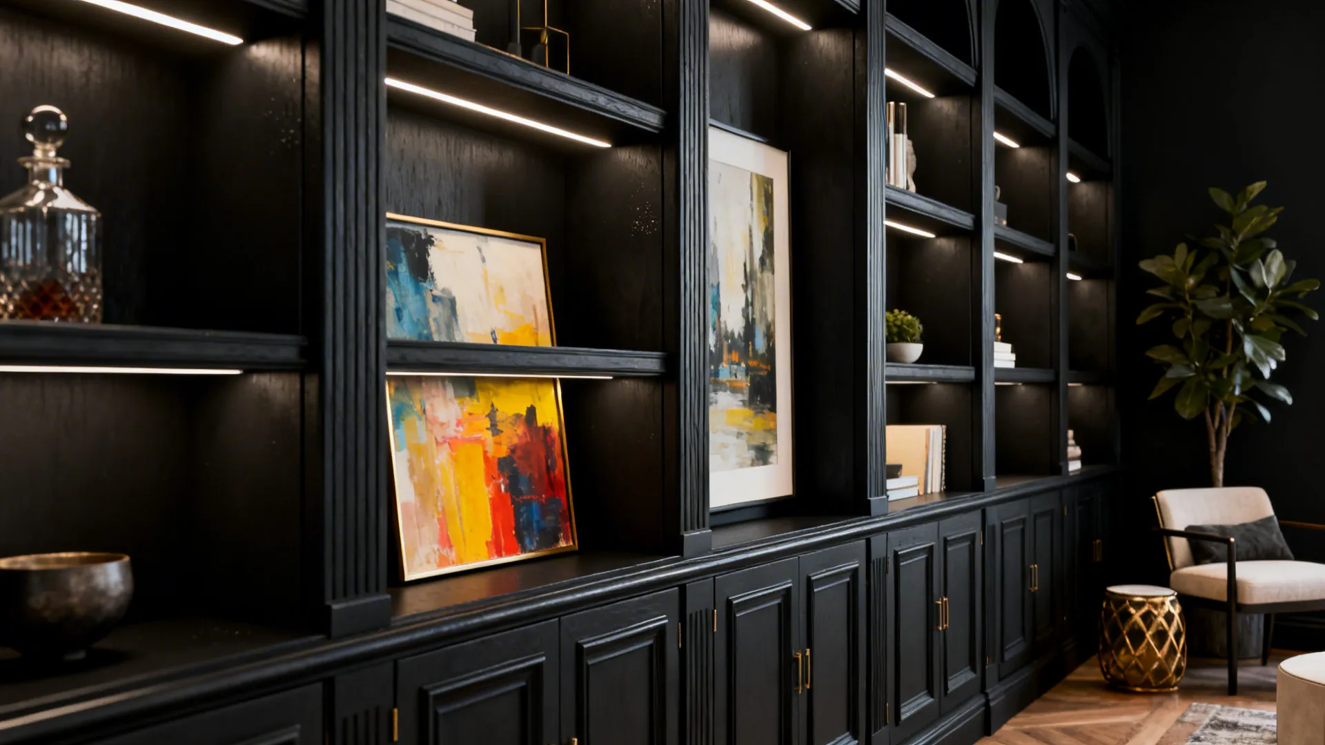 Deep charcoal built-in shelving wall with artwork and accent lighting making displays pop.