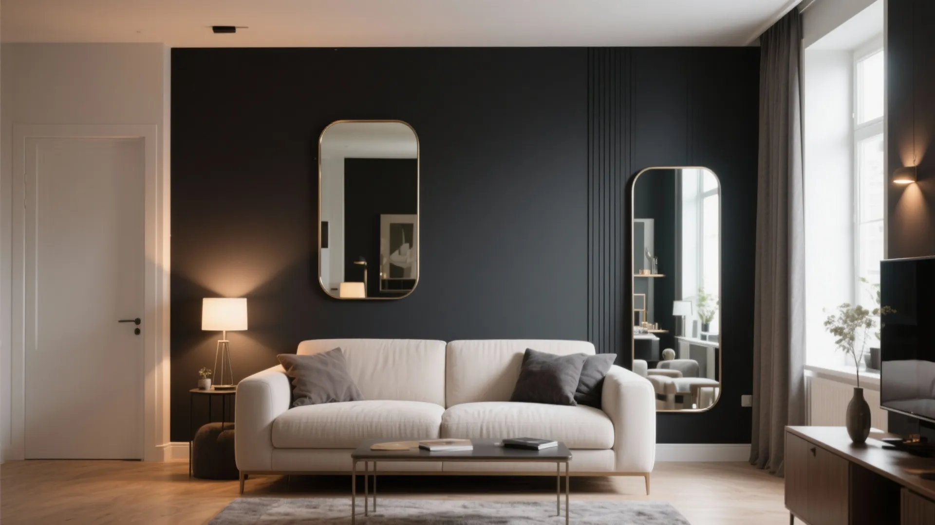 Living room with deep charcoal accent wall and metallic decor