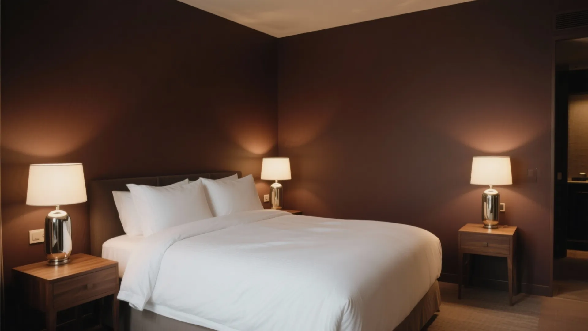Modern bedroom featuring dark brown walls, white bedding, wooden side tables, and warm table lighting