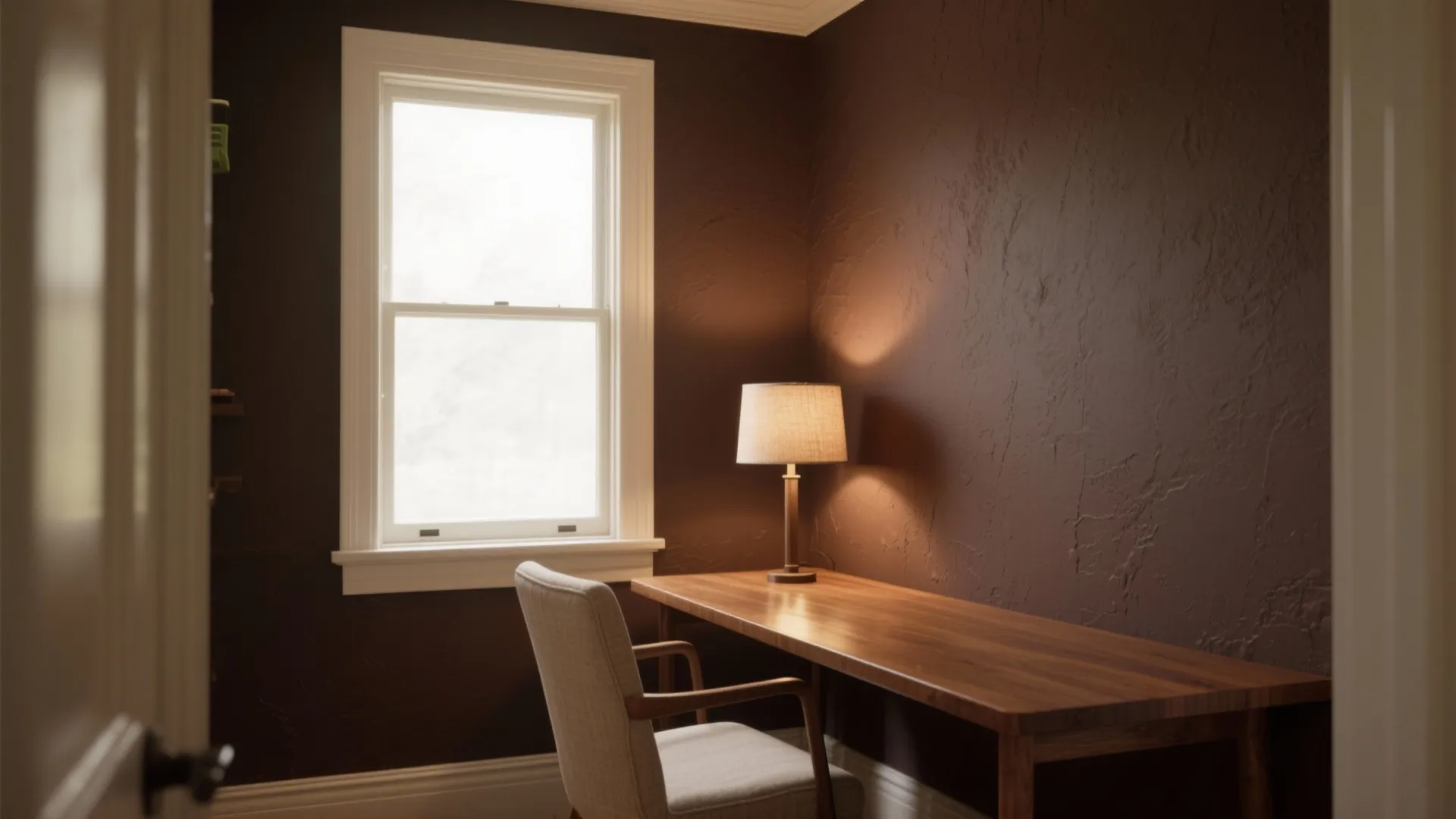 Home office with dark brown walls a wooden desk table lamp chair and white windows