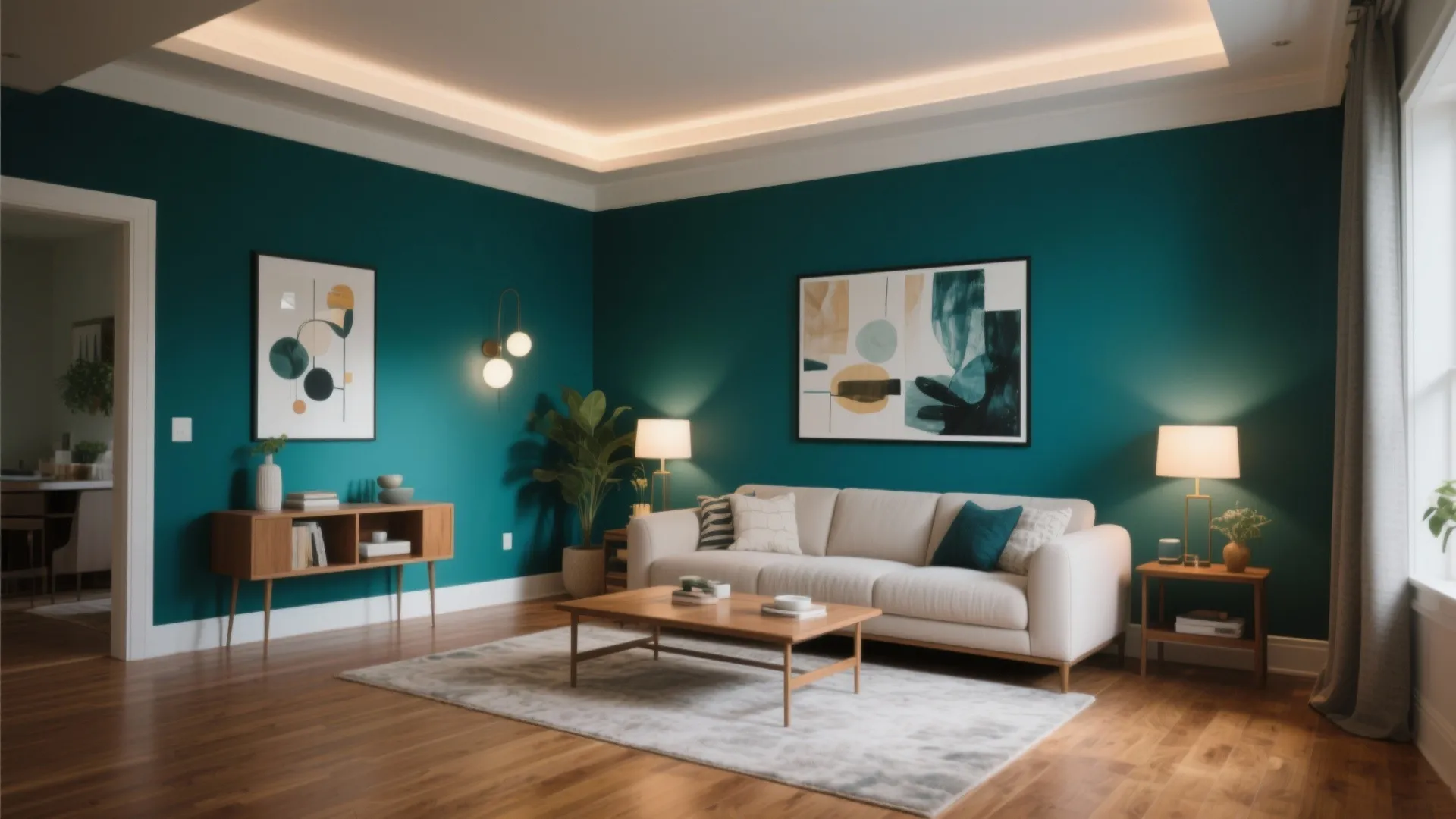 Modern living room with dark green walls white sofa wooden coffee table and ceiling light