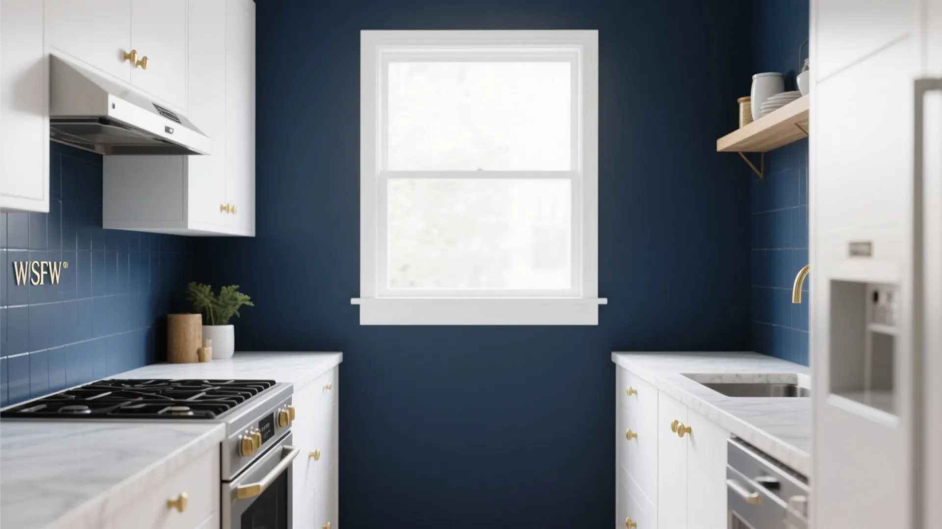 Small kitchen with a deep navy accent wall and white cabinets