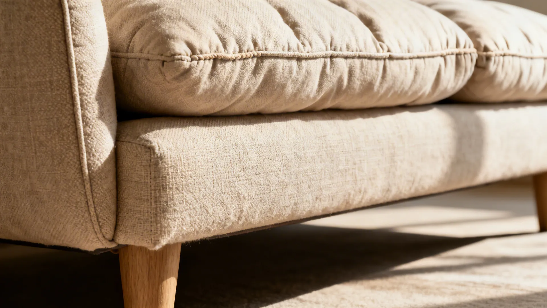 Macro of plush down-blend cushions on a deep-seat sofa with textured fabric.