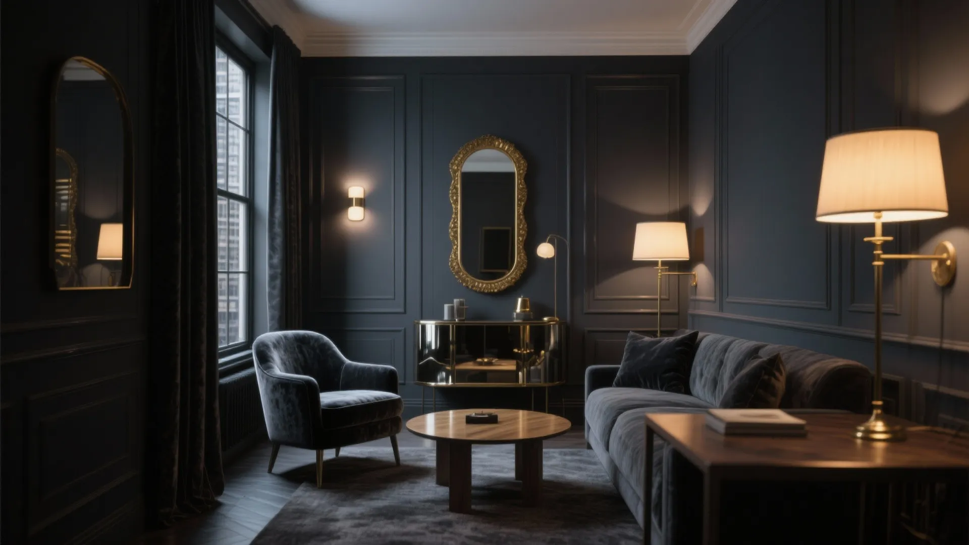 Dark grey living room with velvet sofa armchair gold mirror wall lights and a cabinet
