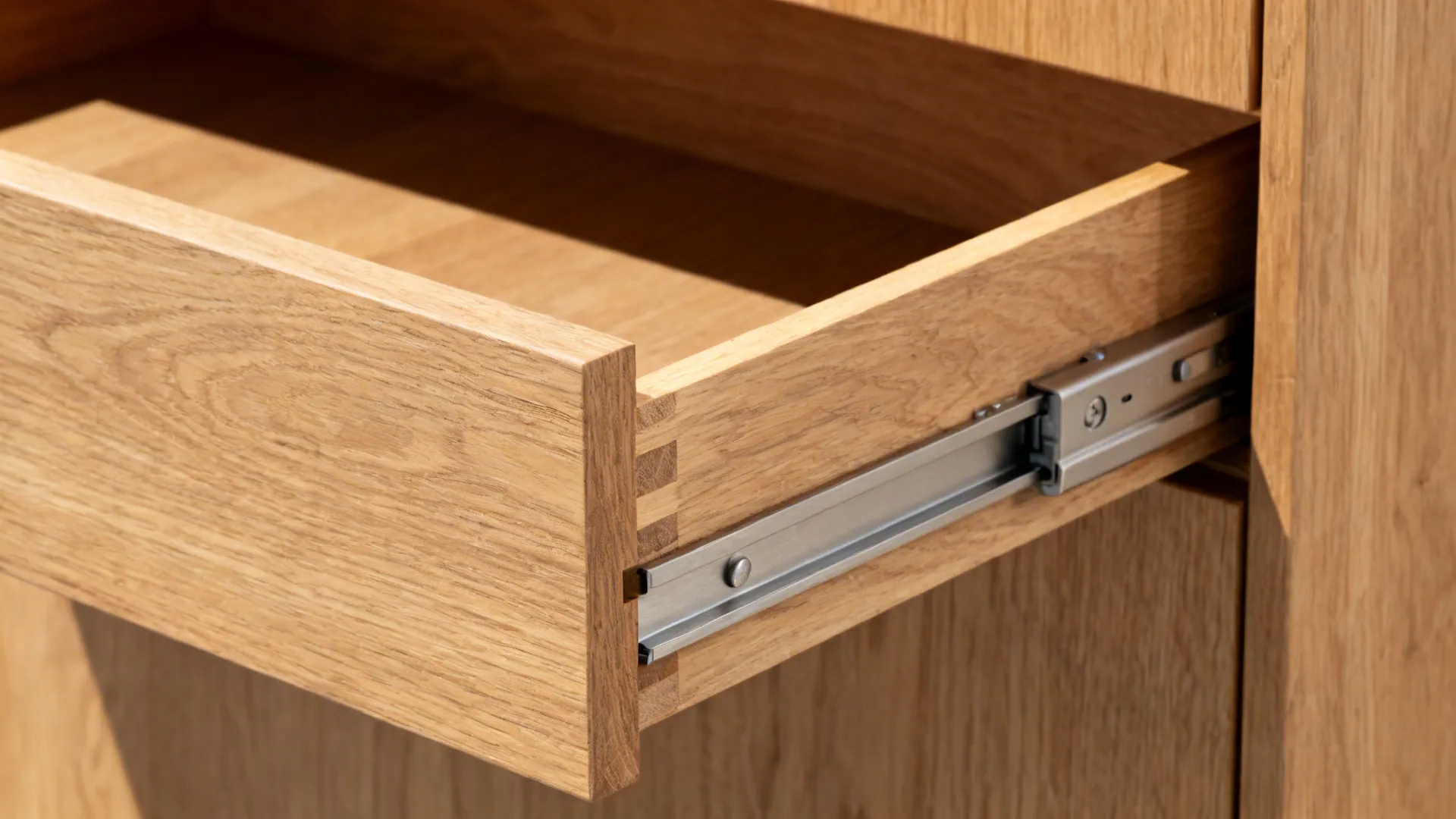 Close-up of a deep drawer with heavy-duty soft-close slides and rift oak front.