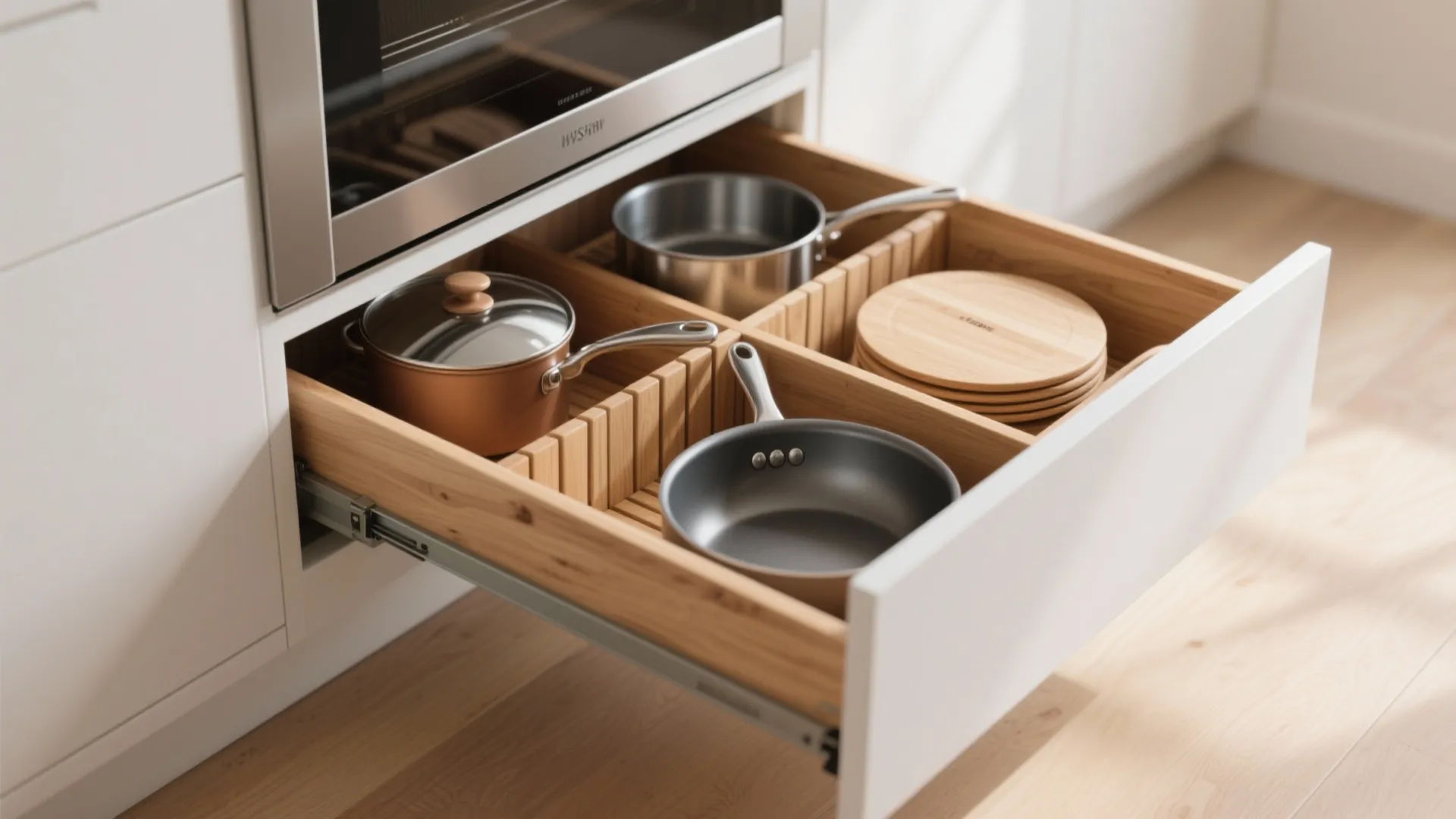 Open wooden kitchen drawer with dividers storing various metal pots pans and round wooden plates