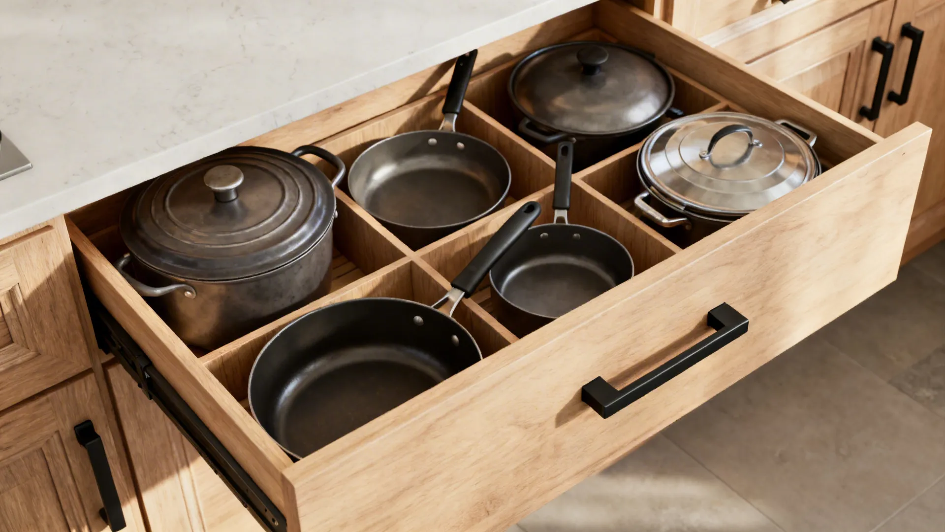 Macro view of a deep 36-inch drawer with organized cookware and matte black pull.