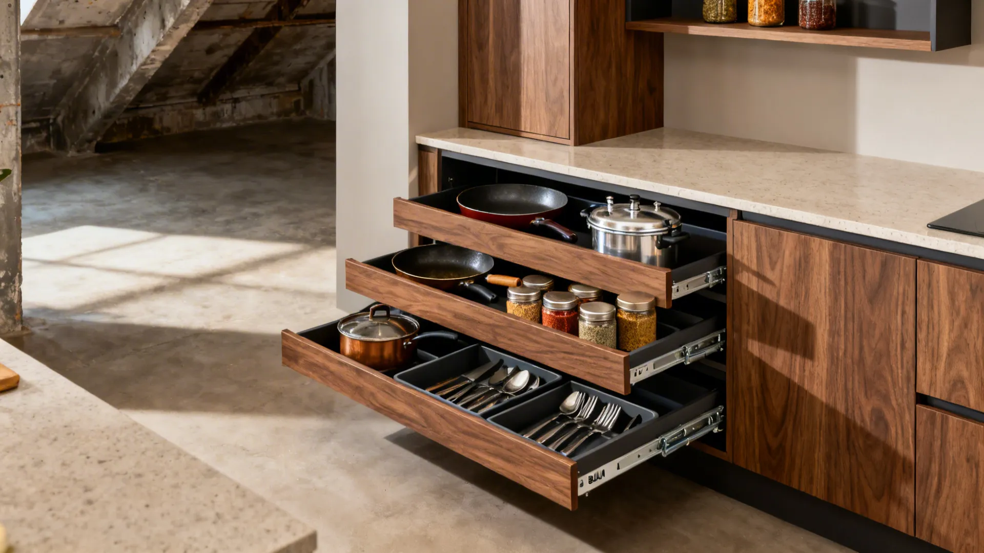 Minimalist modular cabinetry with deep drawer stacks