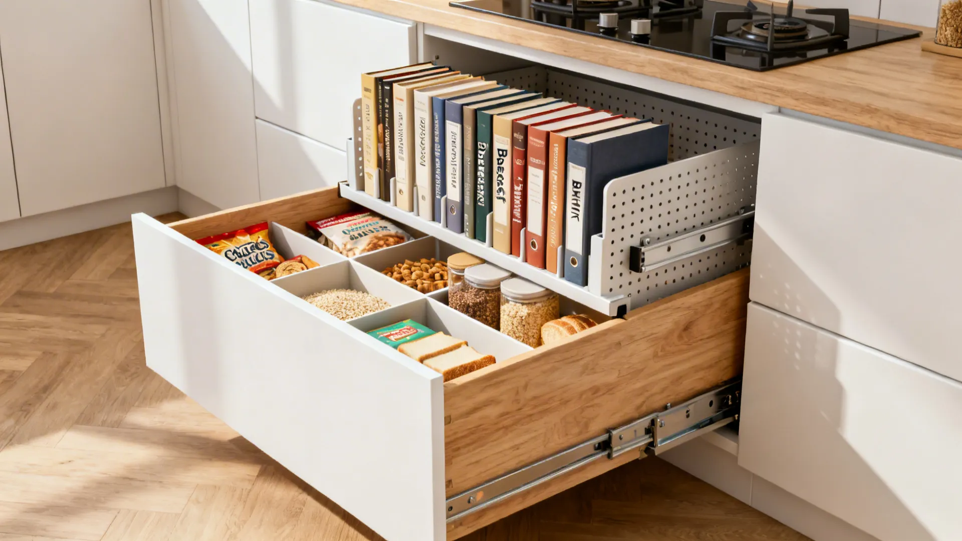 Deep pantry drawers with dividers and pegs organizing containers by category in a small kitchen.