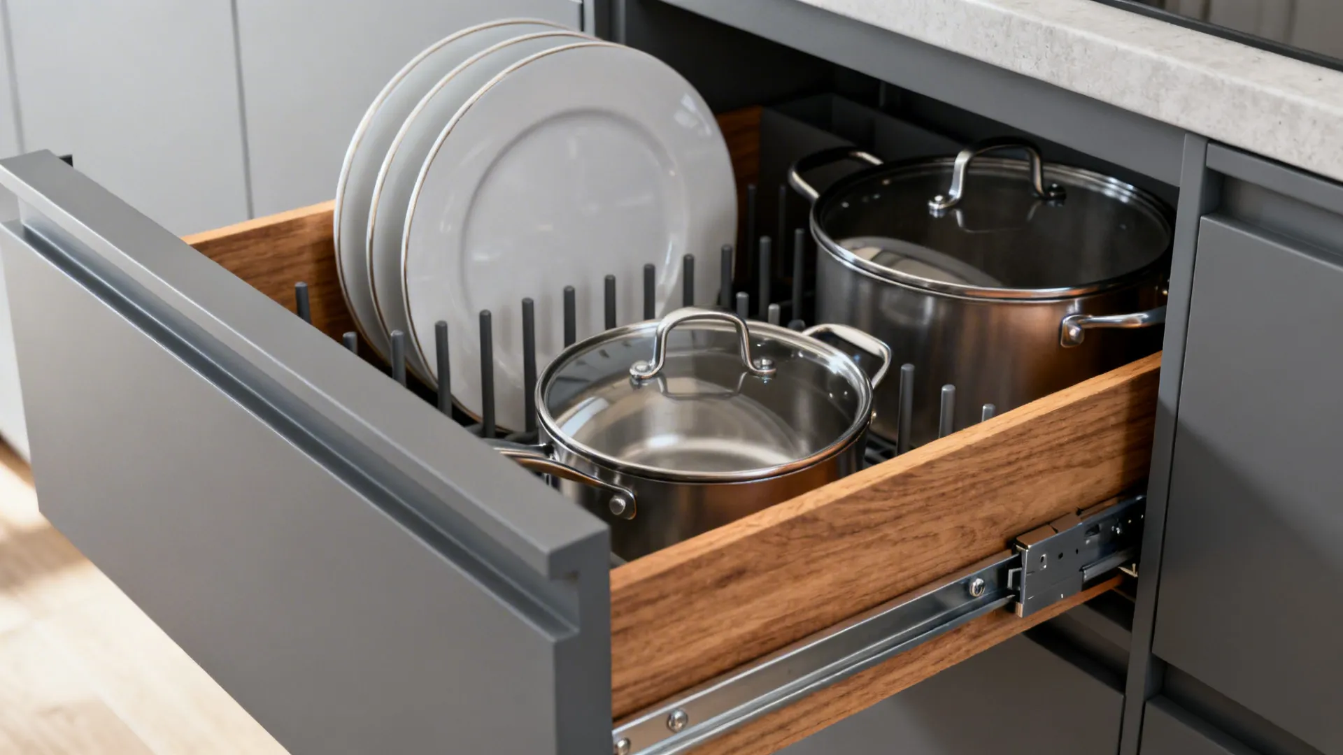 Close-up of a deep drawer with a peg system organizing dishes on soft-close runners.