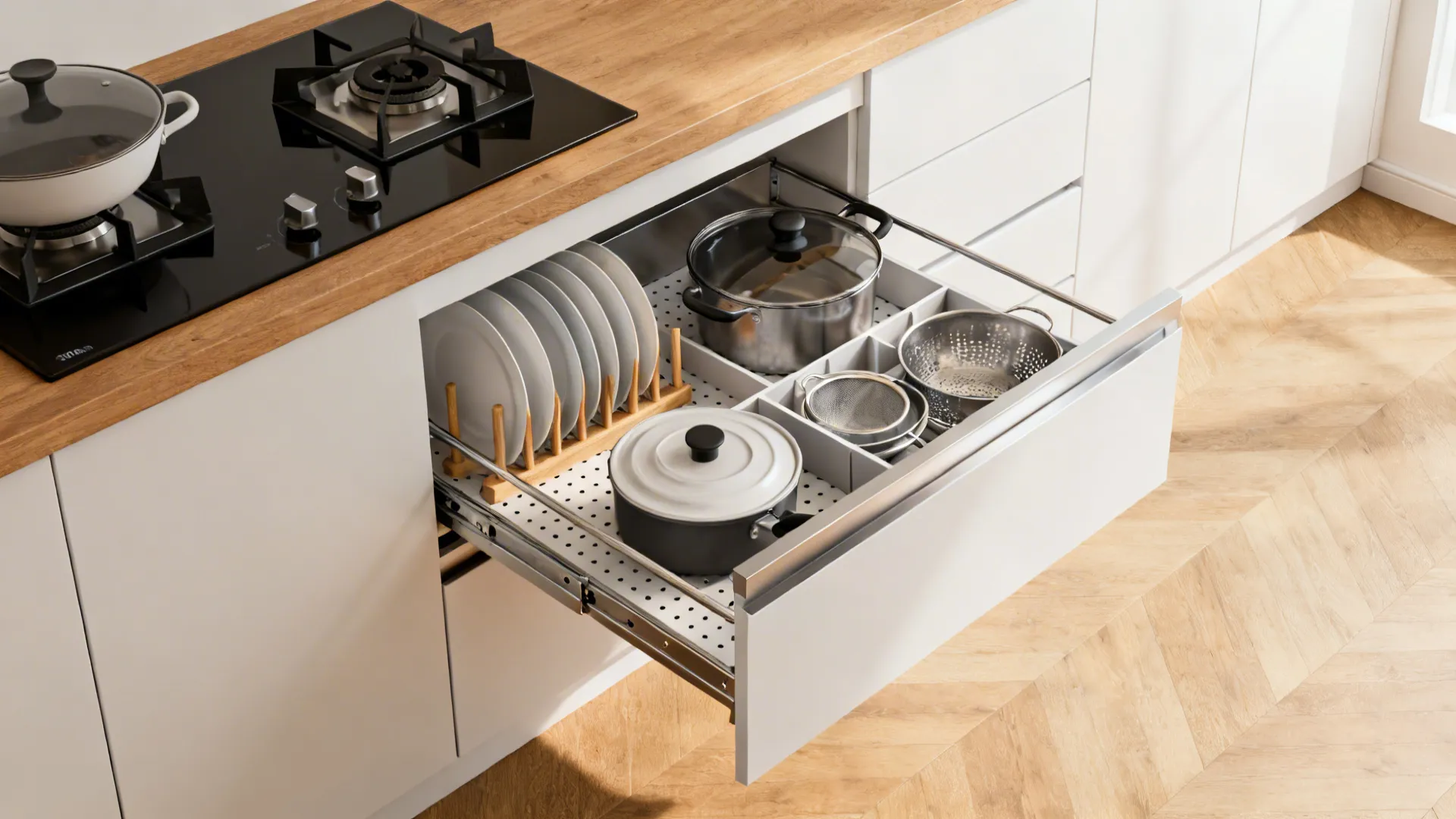 Deep drawer stack with pegboard bases and dividers organizing plates, pots, and lids.