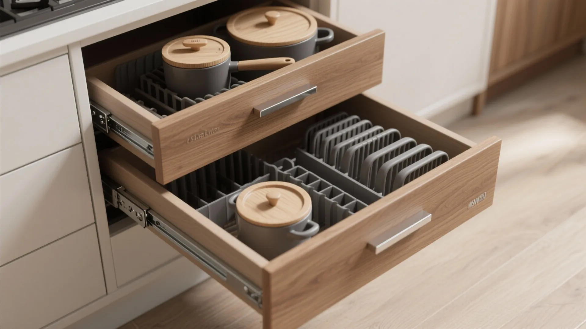 Open wooden kitchen drawers with grey pots and drying racks inside white cabinet storage unit