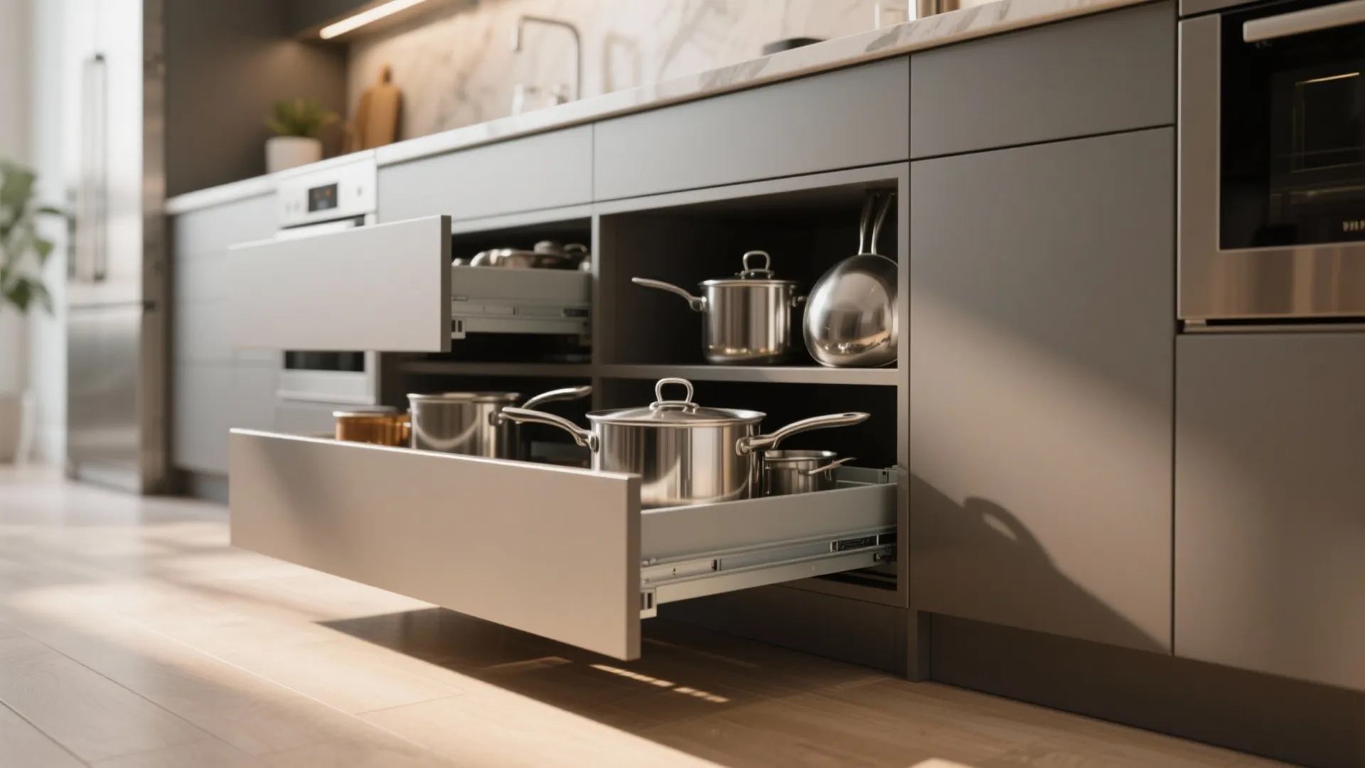 Modern grey kitchen cabinets with deep open drawers storing silver metal pots and frying pans