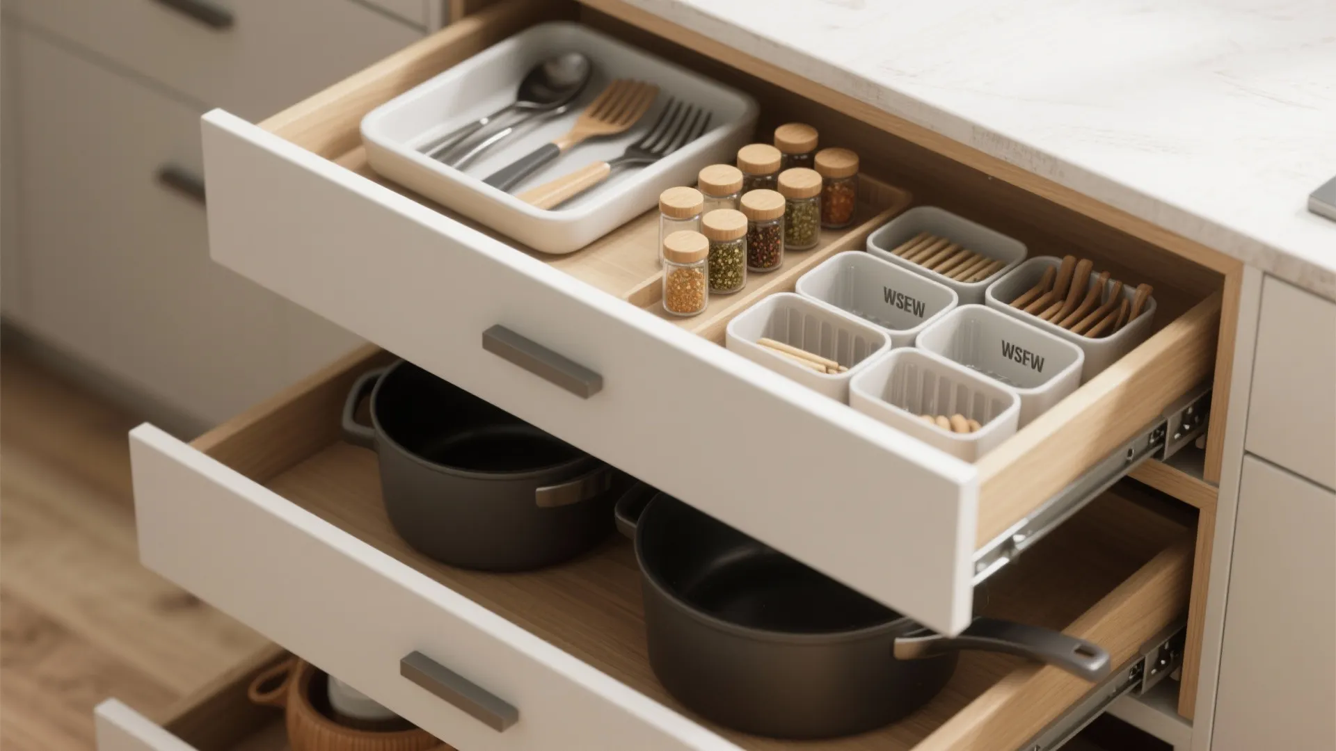 Open kitchen drawers with organizers for cutlery and spice jars above deep storage for pots