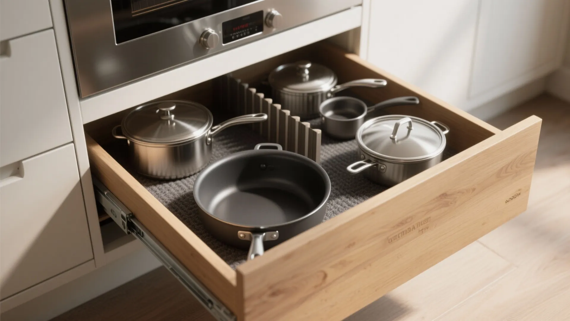 Full-extension deep drawer storing heavy pots with felt liners and vertical lid divider in a modern kitchen.