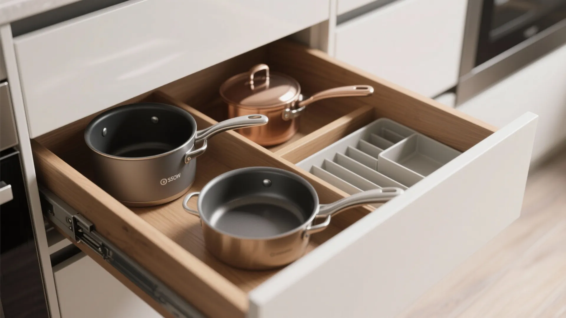 Open wooden kitchen drawer organized with small metal pots pans and plastic tray insert storage