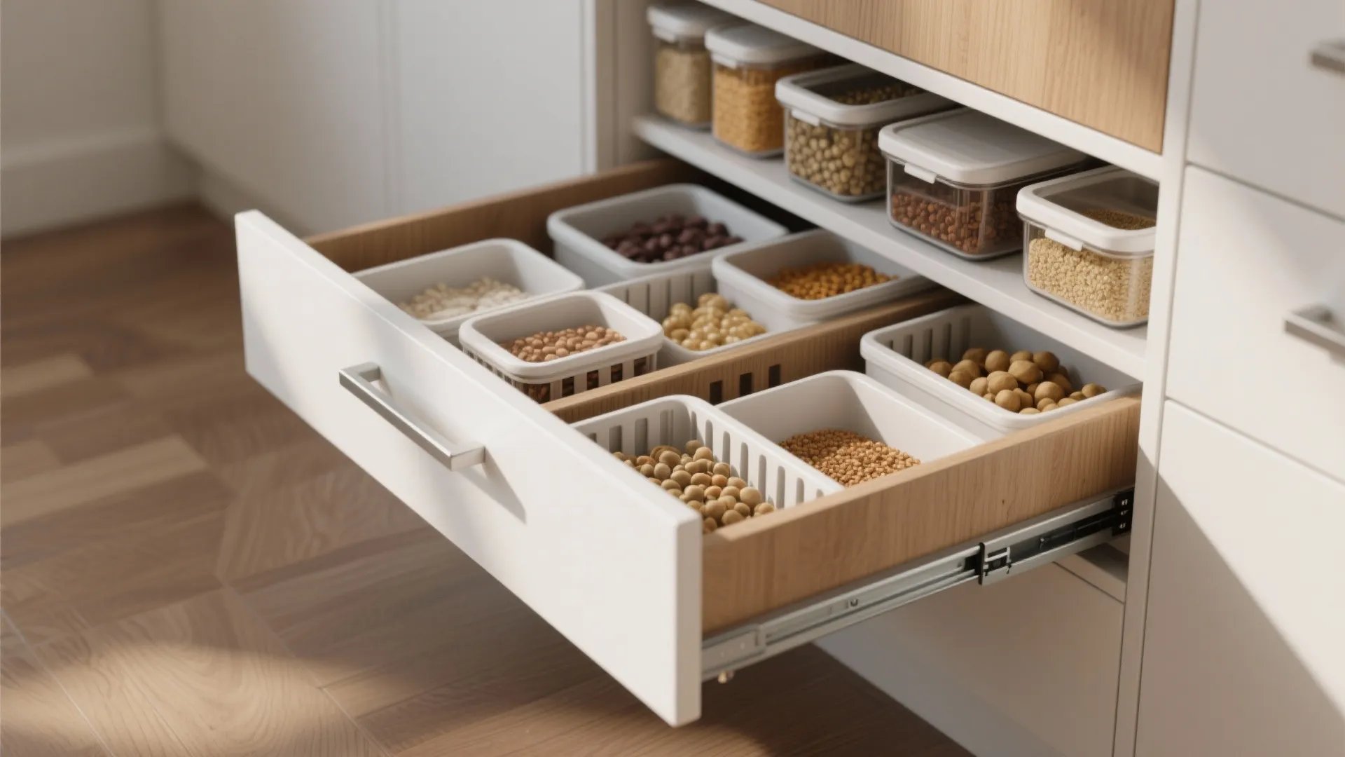 Open white kitchen drawer with wooden dividers and plastic food containers for organized pantry storage