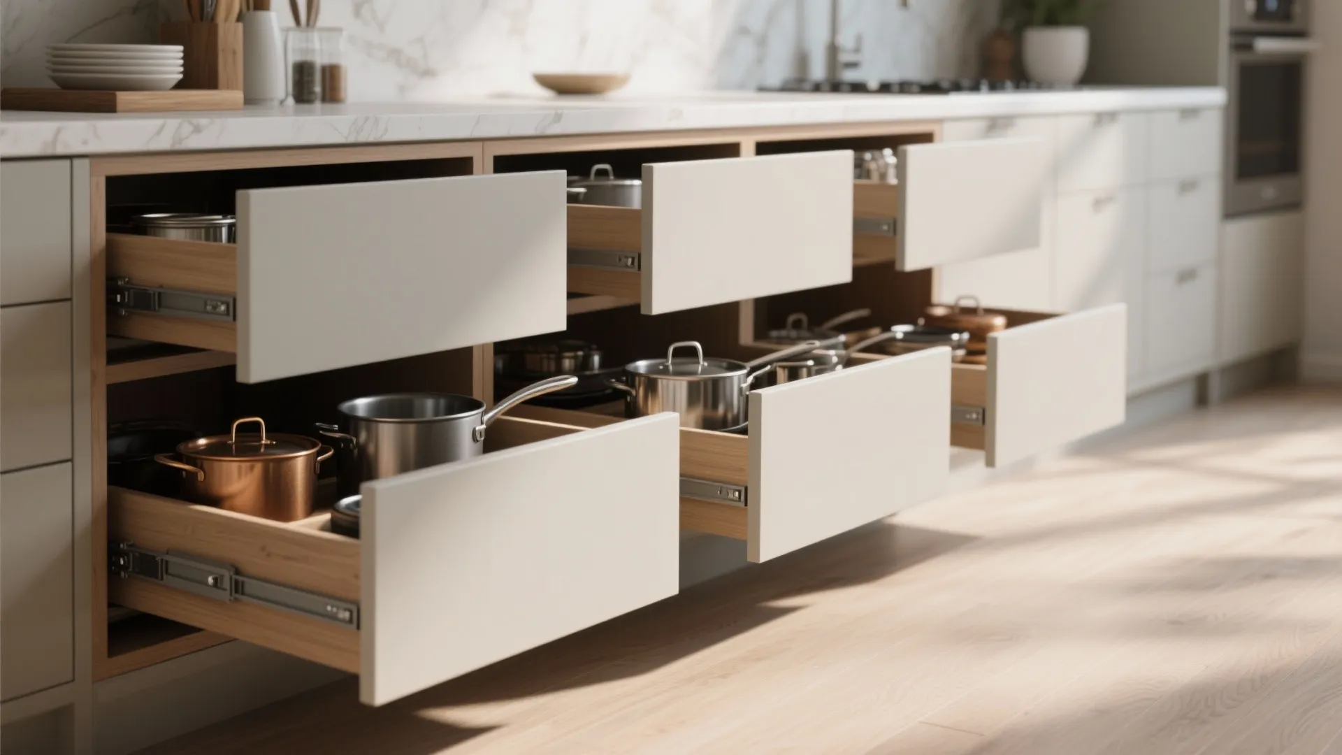 Open kitchen island drawers showing organized storage for metal pots and pans with white cabinet fronts