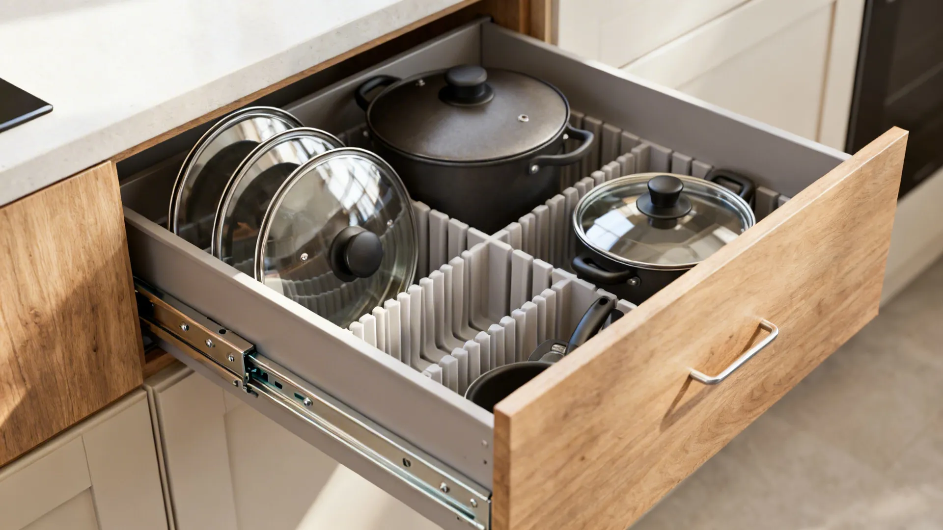 Deep drawer with adjustable dividers holding pots and lids stored vertically.