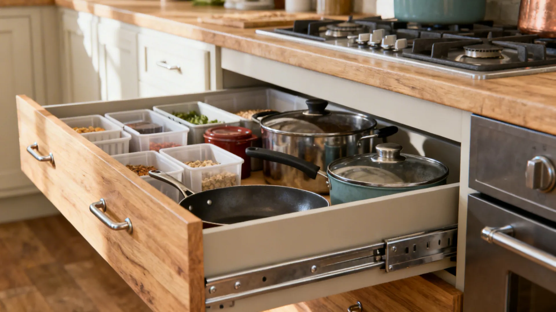 Full-width deep kitchen drawers open with organized pots and pantry bins