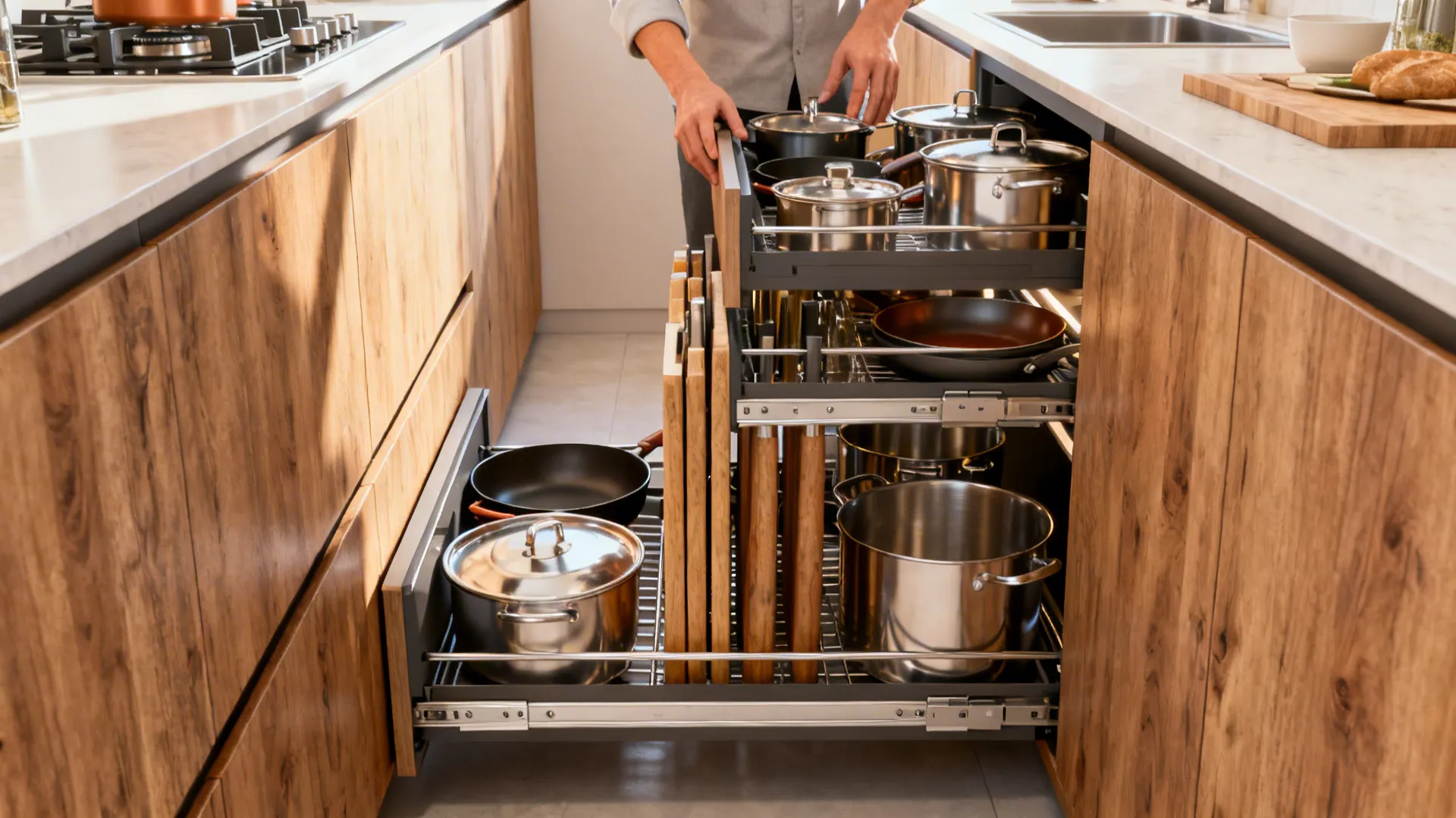 Slim deep kitchen drawers pulled out showing organized pots and tall items for easy access.
