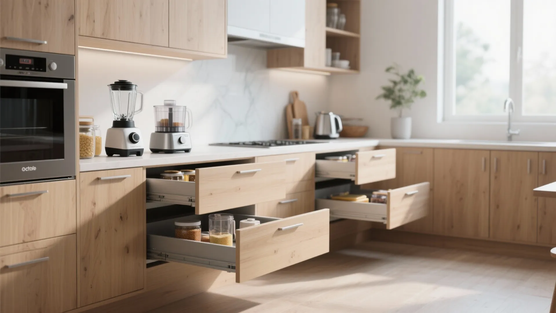 Modern kitchen with open wooden drawers showing organized storage plus a blender on white counter