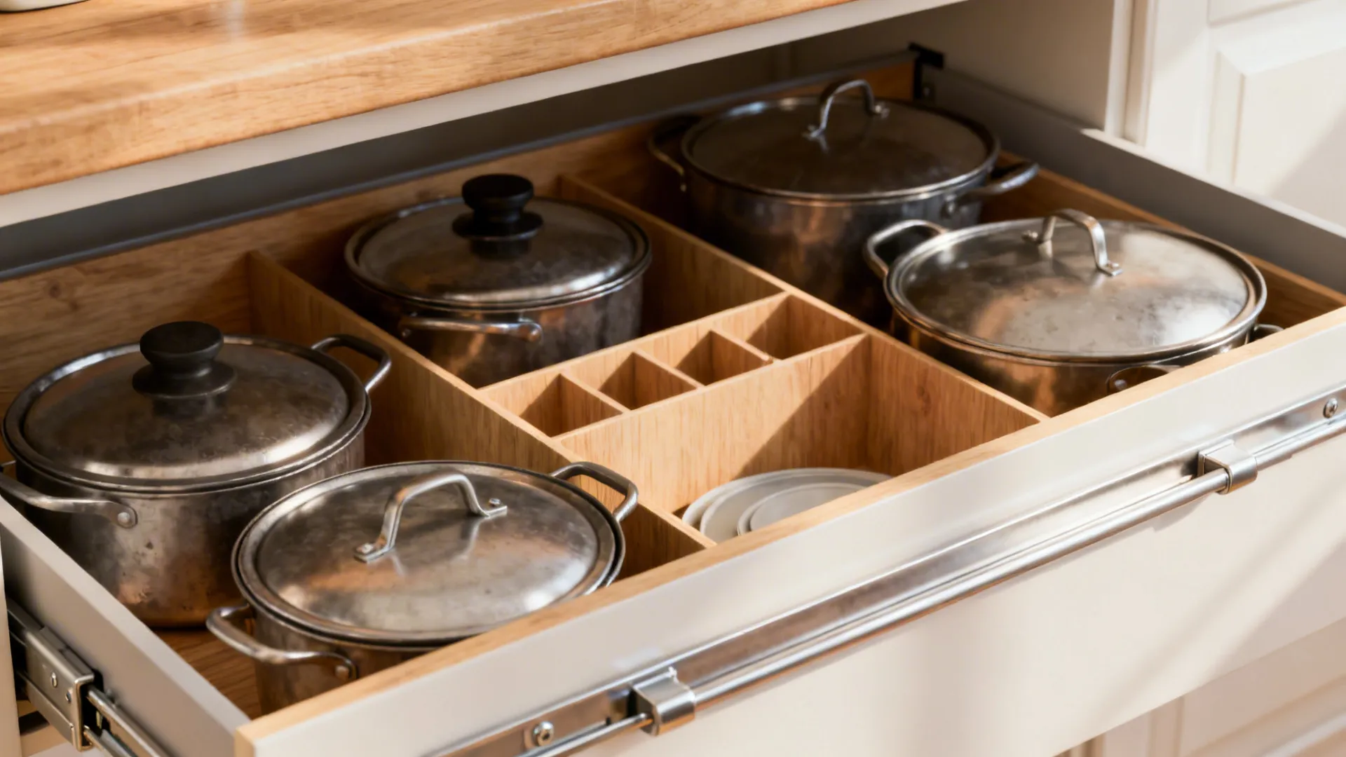 Deep pull-out kitchen drawers neatly organized with cookware and dividers.
